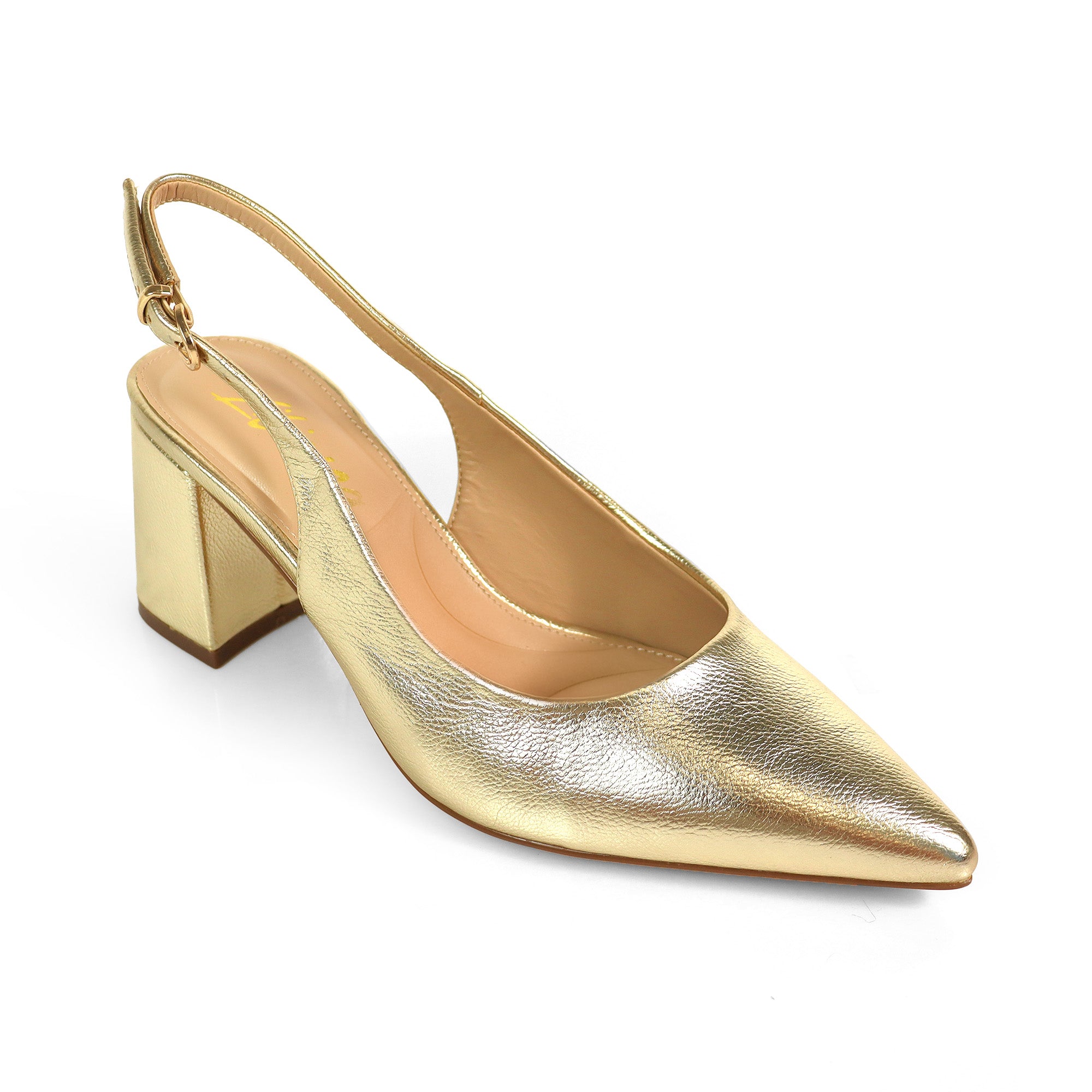 JOYCE-1 POINTED TOE SLINGBACK W/ BLOCK HEEL GOLD