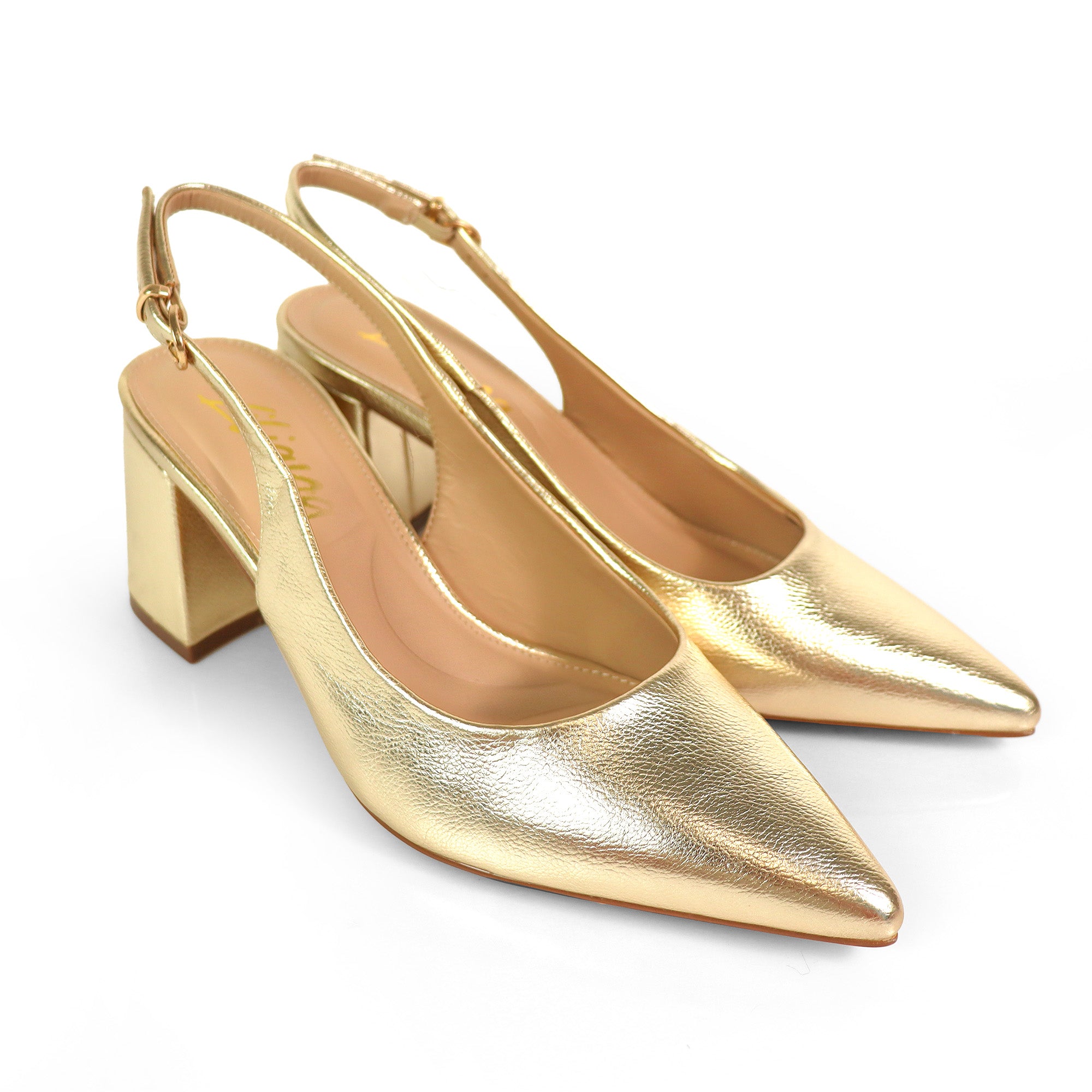 JOYCE-1 POINTED TOE SLINGBACK W/ BLOCK HEEL GOLD