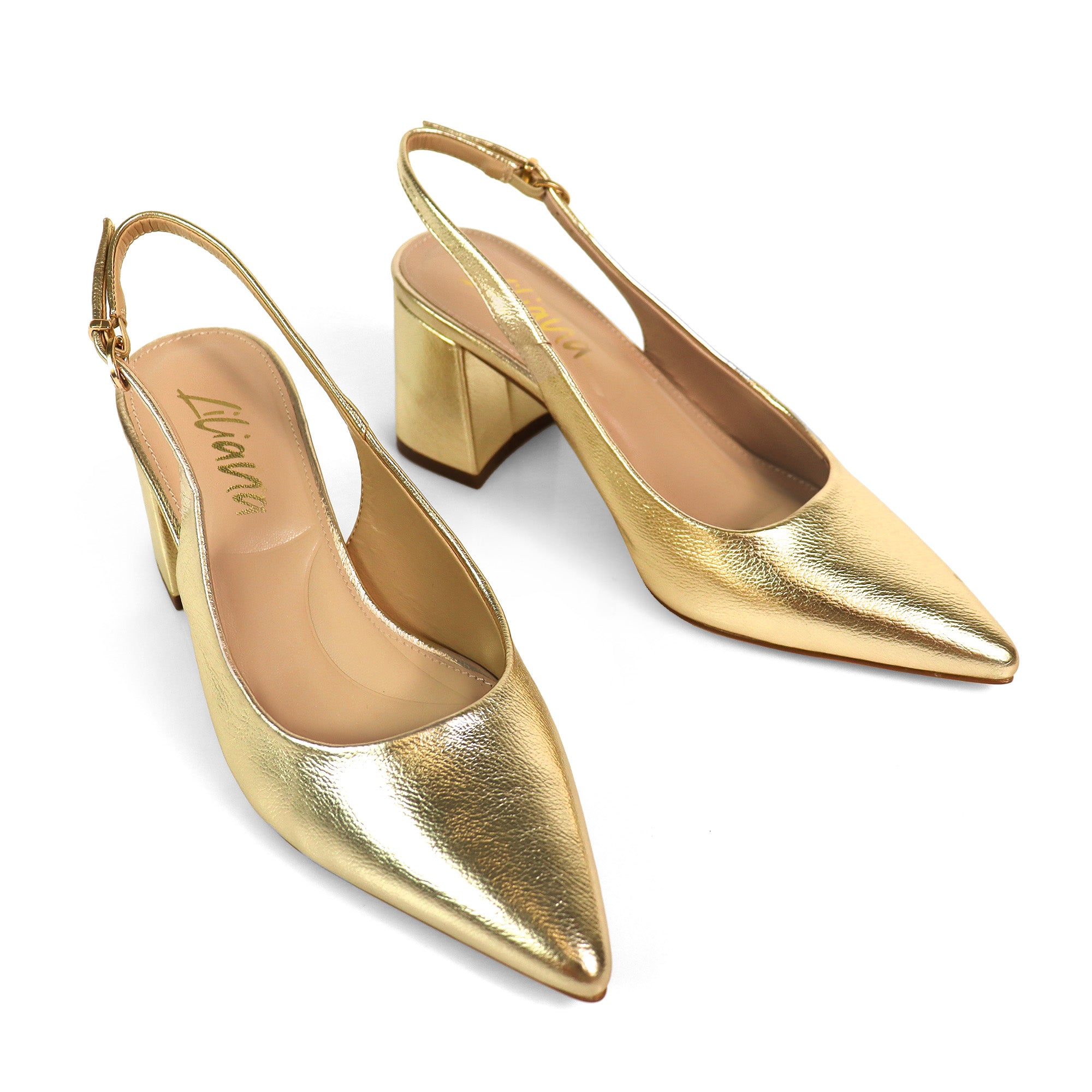 JOYCE-1 POINTED TOE SLINGBACK W/ BLOCK HEEL GOLD