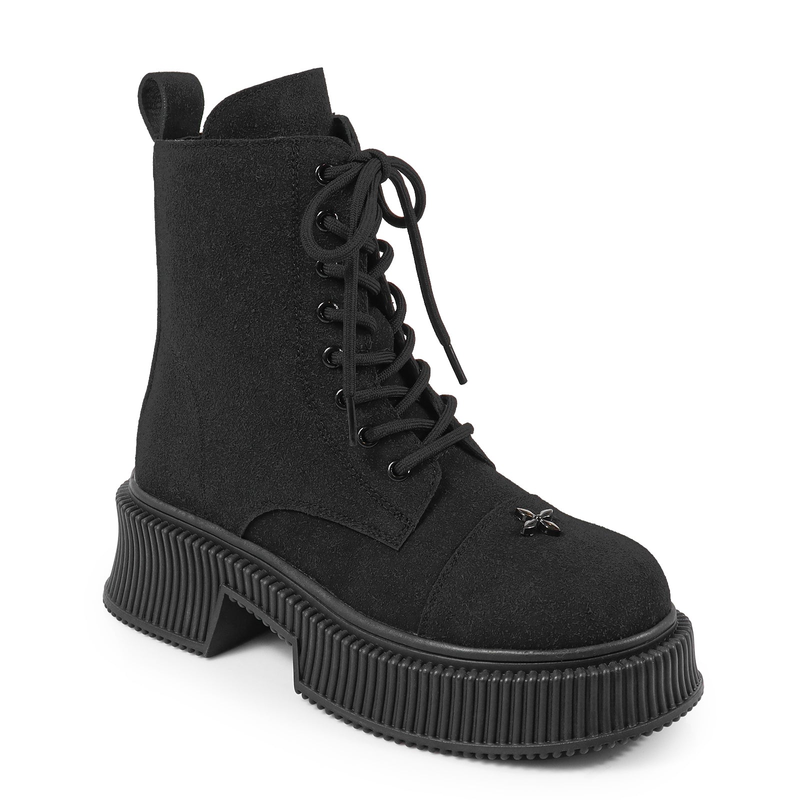 JUDAH-1 ROUND TOE LACE UP CROSS FLOWER DETAIL W/ANKLE DESERT BOOTI BLACK