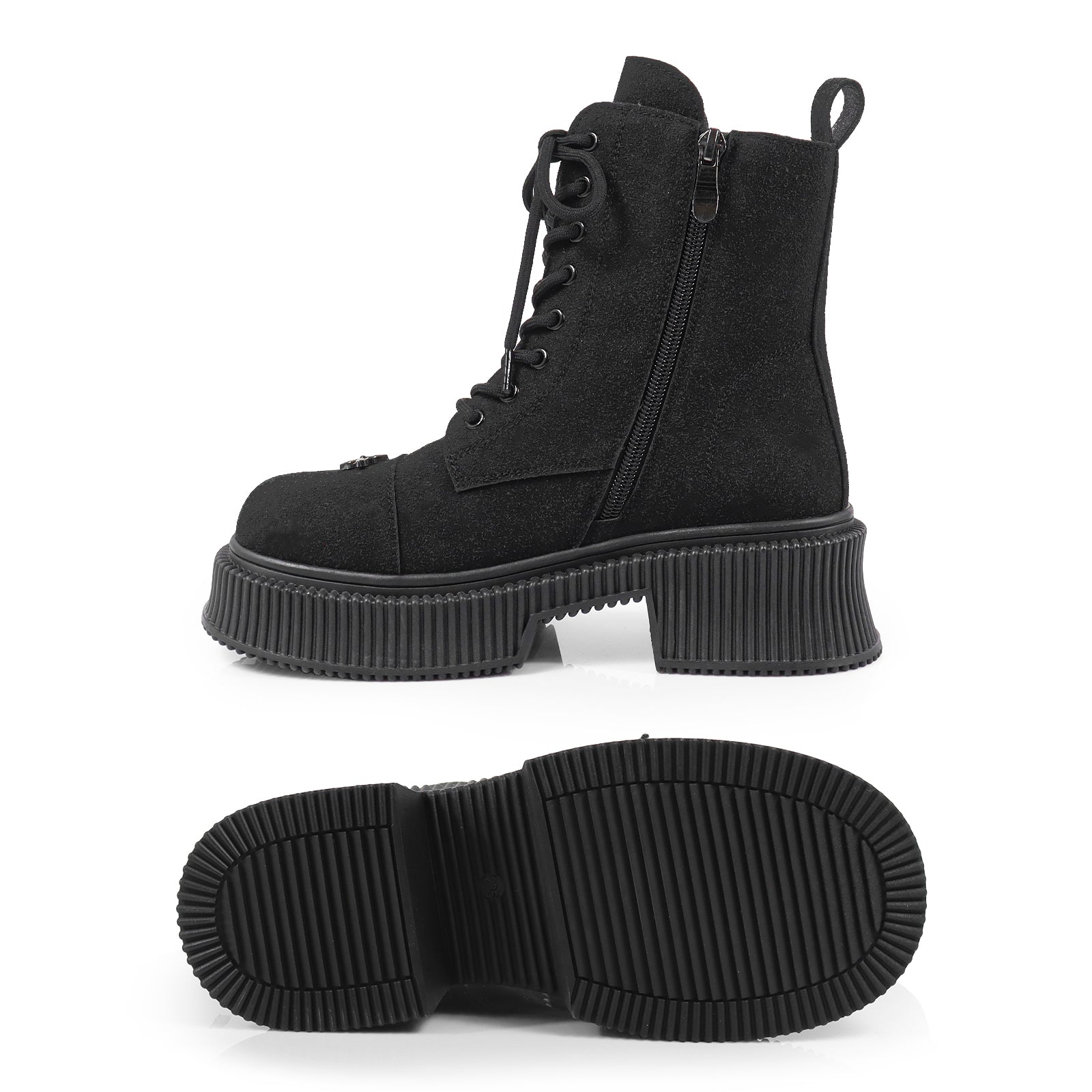 JUDAH-1 ROUND TOE LACE UP CROSS FLOWER DETAIL W/ANKLE DESERT BOOTI BLACK