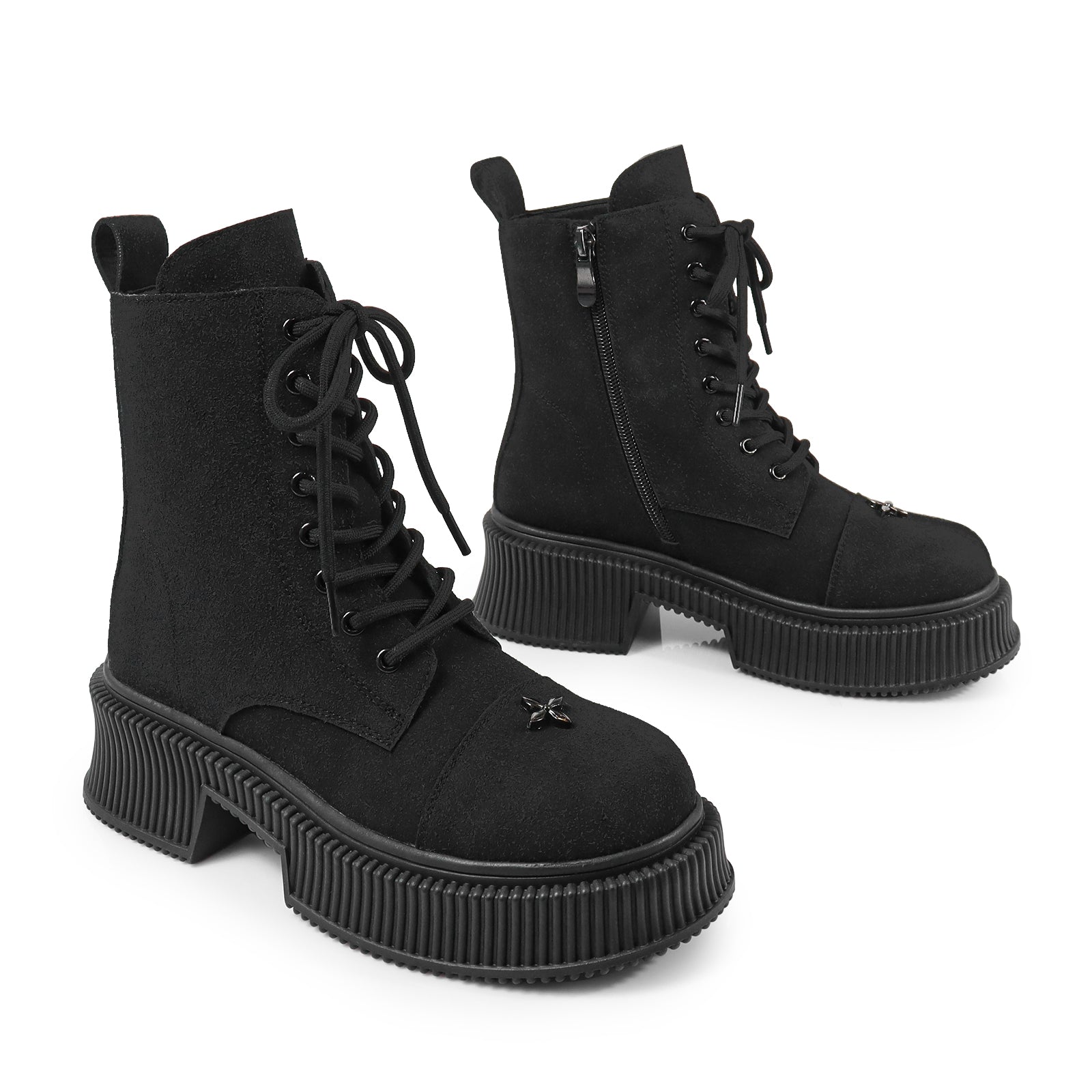 JUDAH-1 ROUND TOE LACE UP CROSS FLOWER DETAIL W/ANKLE DESERT BOOTI BLACK