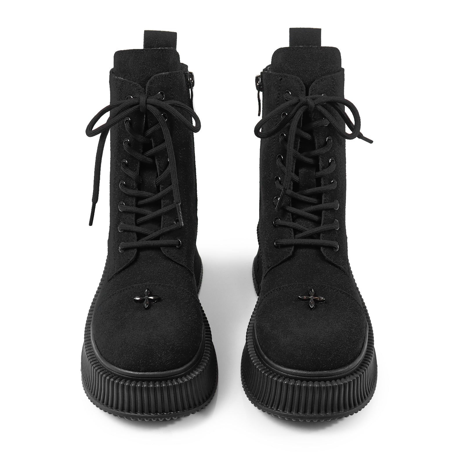 JUDAH-1 ROUND TOE LACE UP CROSS FLOWER DETAIL W/ANKLE DESERT BOOTI BLACK