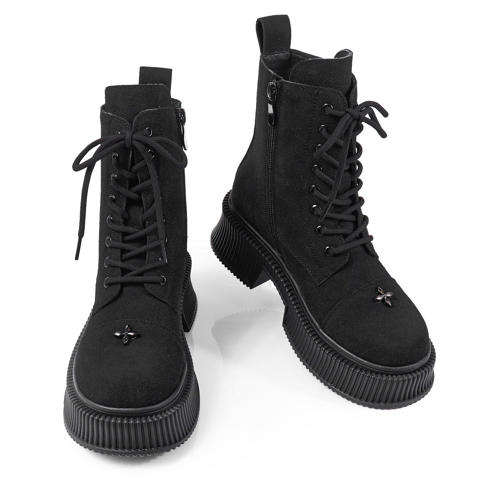 JUDAH-1 ROUND TOE LACE UP CROSS FLOWER DETAIL W/ANKLE DESERT BOOTI BLACK