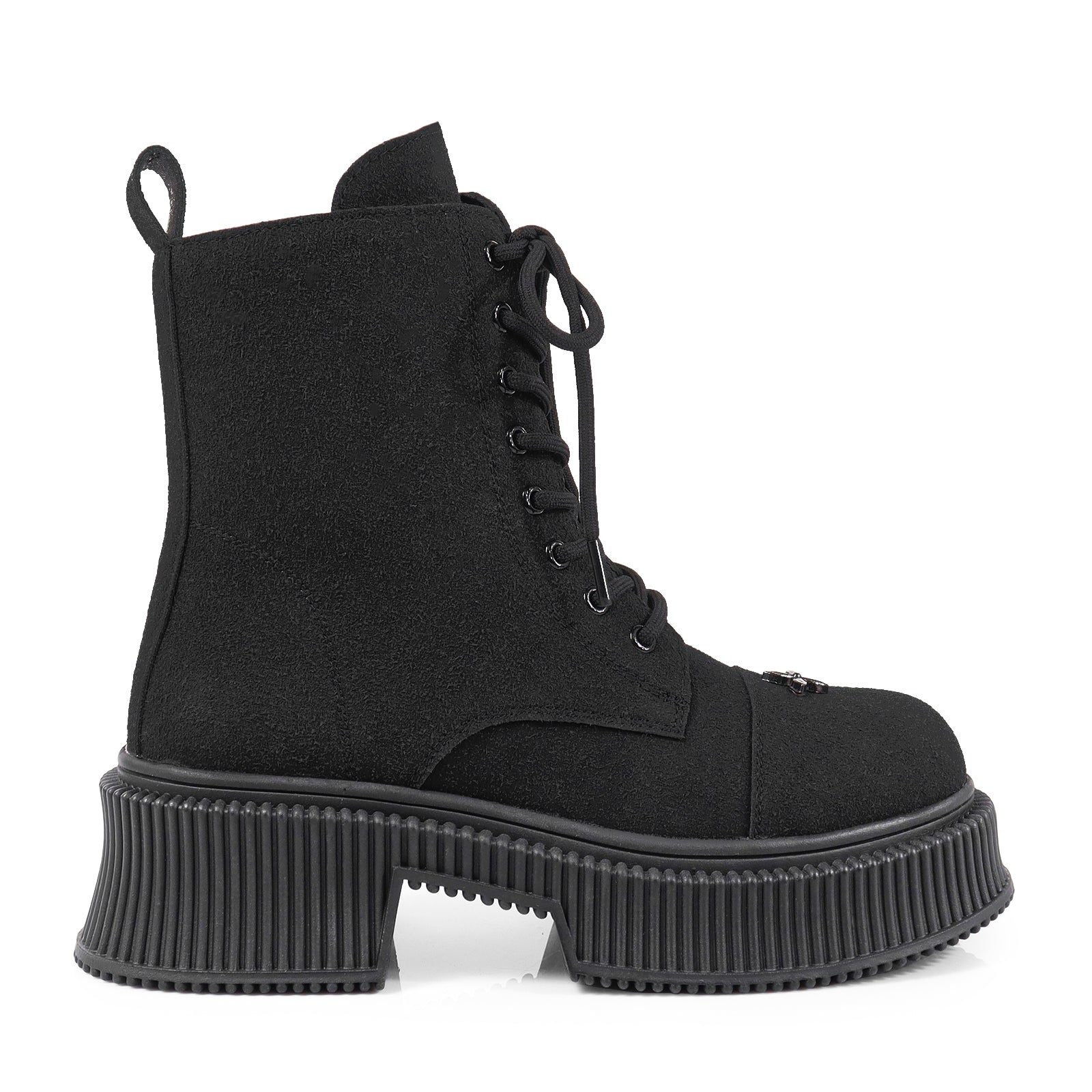 JUDAH-1 ROUND TOE LACE UP CROSS FLOWER DETAIL W/ANKLE DESERT BOOTI BLACK