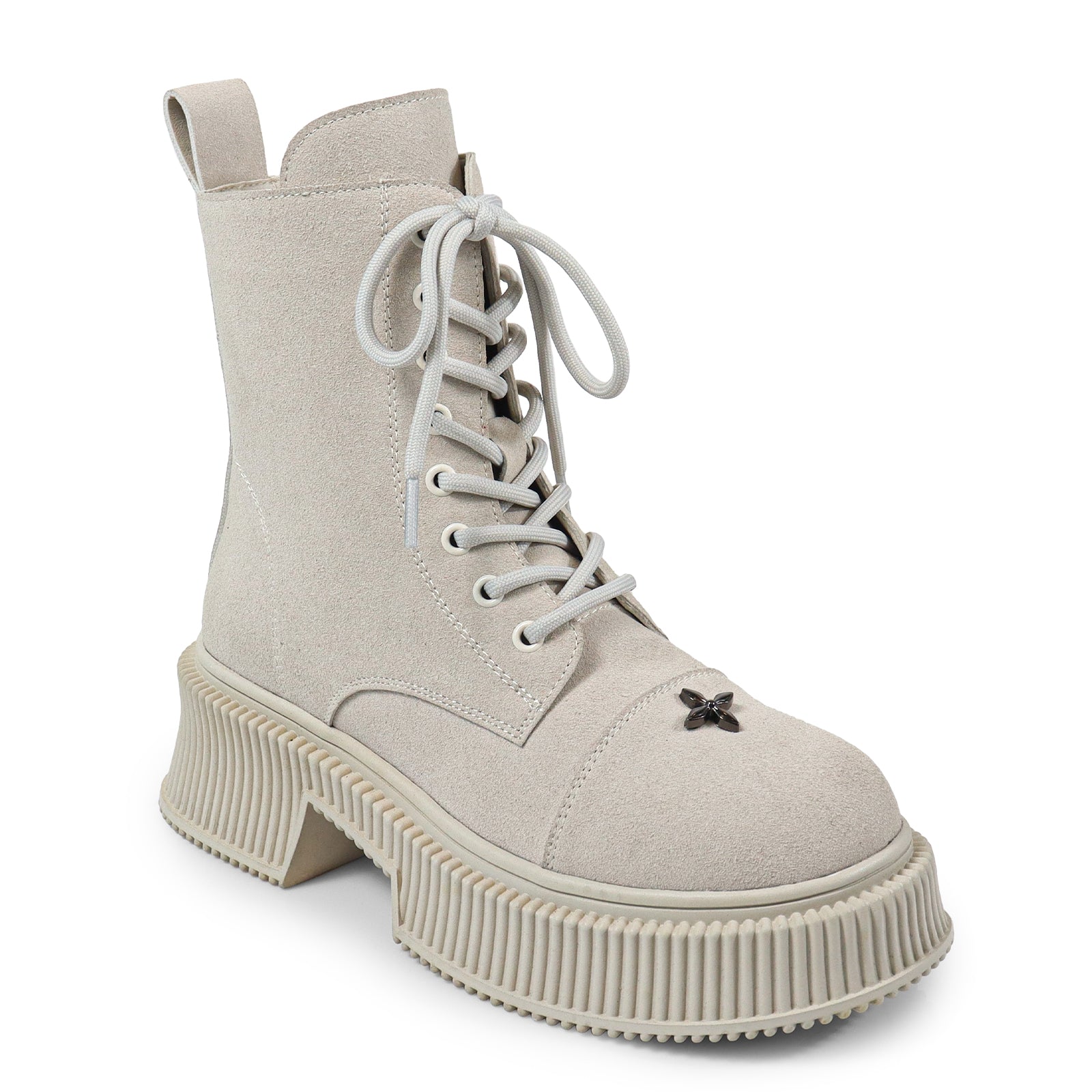 JUDAH-1 ROUND TOE LACE UP CROSS FLOWER DETAIL W/ANKLE DESERT BOOTI BONE