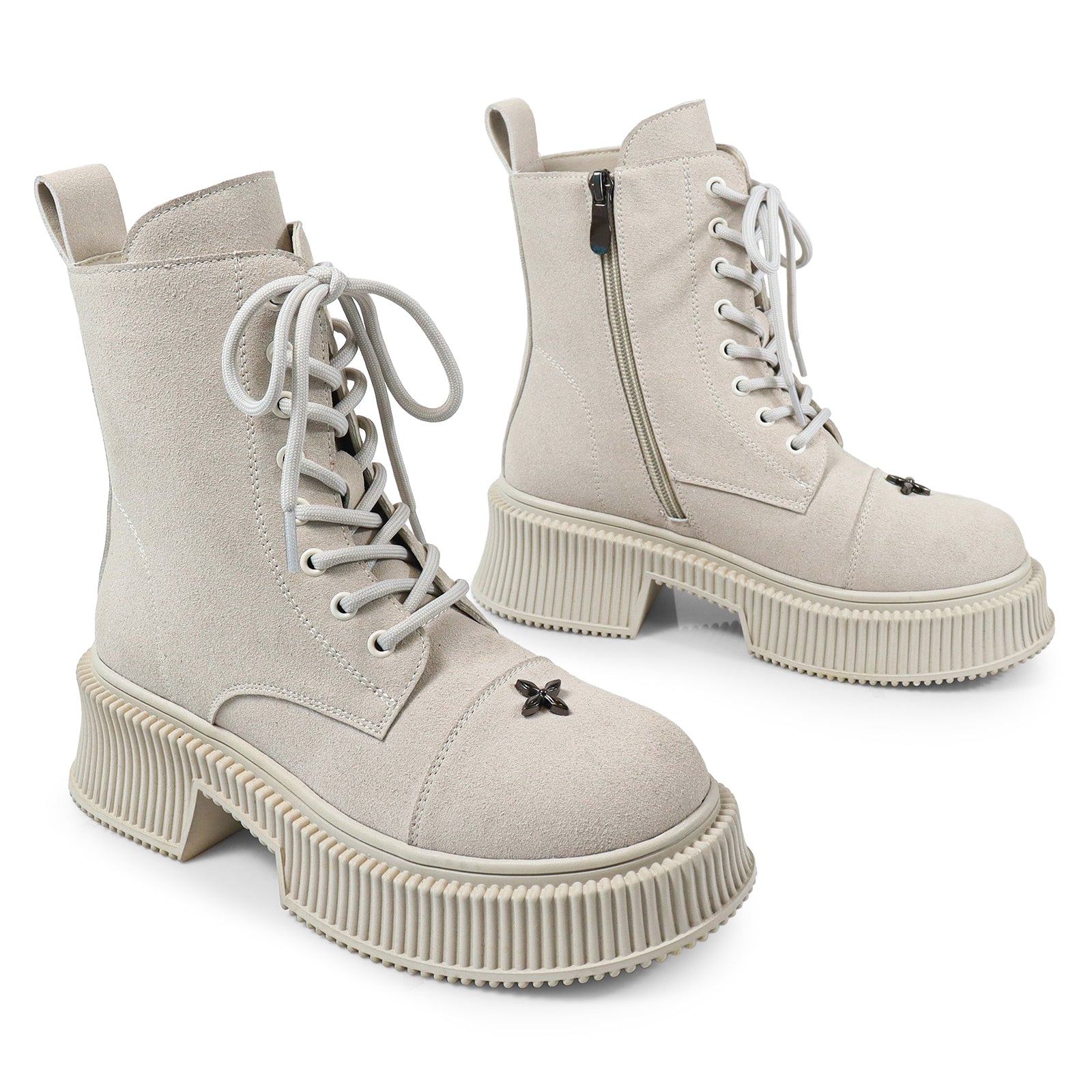 JUDAH-1 ROUND TOE LACE UP CROSS FLOWER DETAIL W/ANKLE DESERT BOOTI BONE