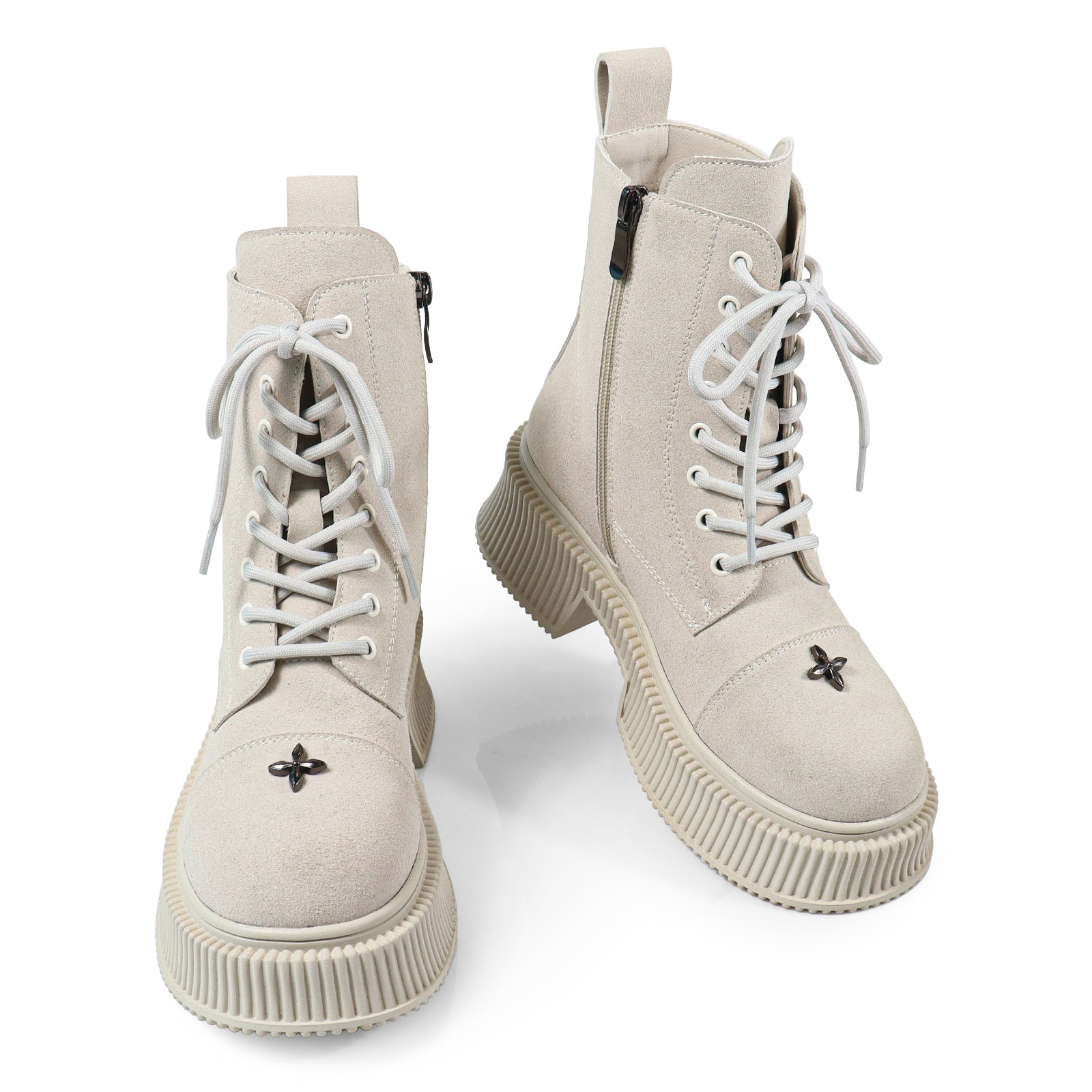 JUDAH-1 ROUND TOE LACE UP CROSS FLOWER DETAIL W/ANKLE DESERT BOOTI BONE