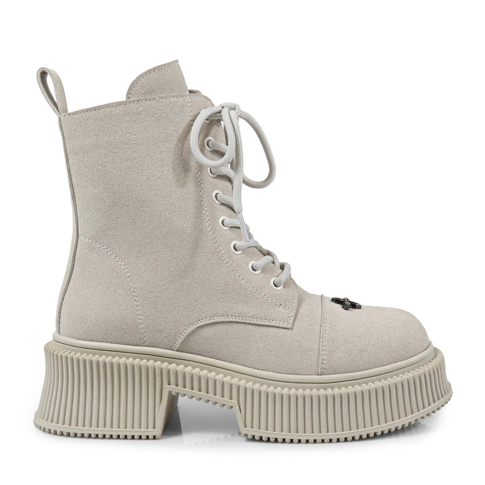 JUDAH-1 ROUND TOE LACE UP CROSS FLOWER DETAIL W/ANKLE DESERT BOOTI BONE