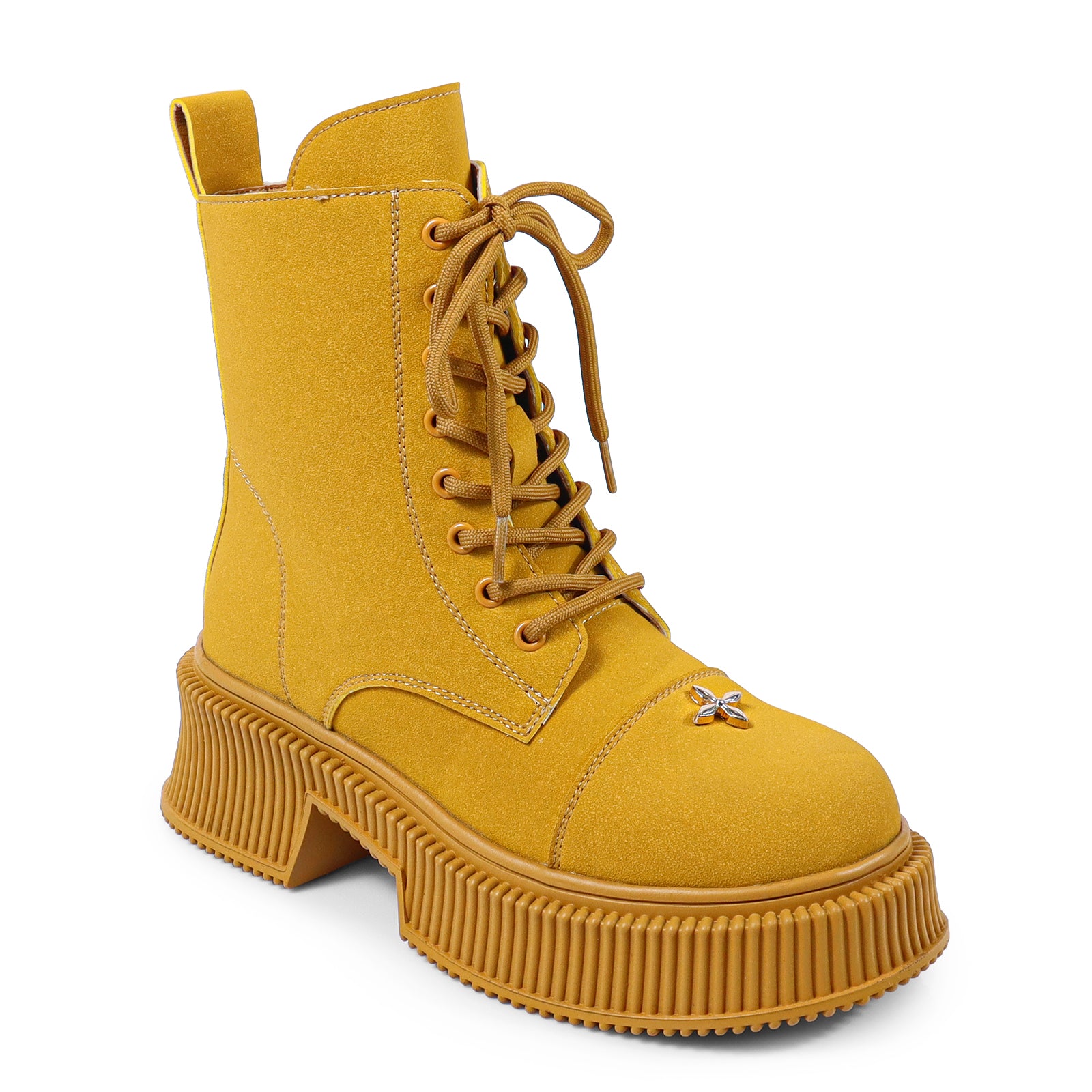 JUDAH-1 ROUND TOE LACE UP CROSS FLOWER DETAIL W/ANKLE DESERT BOOTI CAME