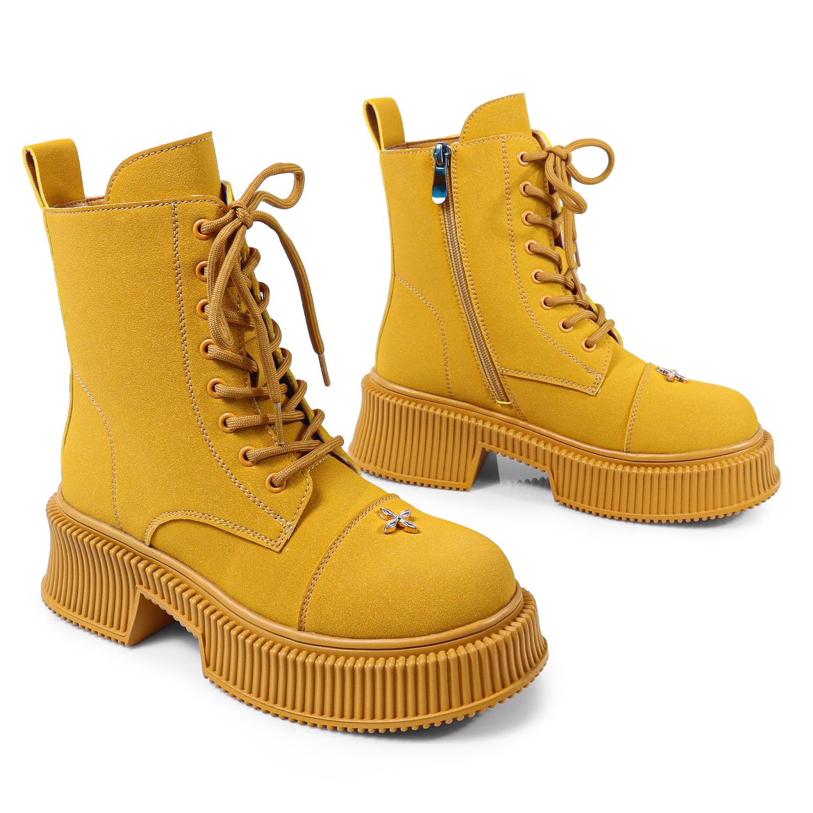 JUDAH-1 ROUND TOE LACE UP CROSS FLOWER DETAIL W/ANKLE DESERT BOOTI CAME