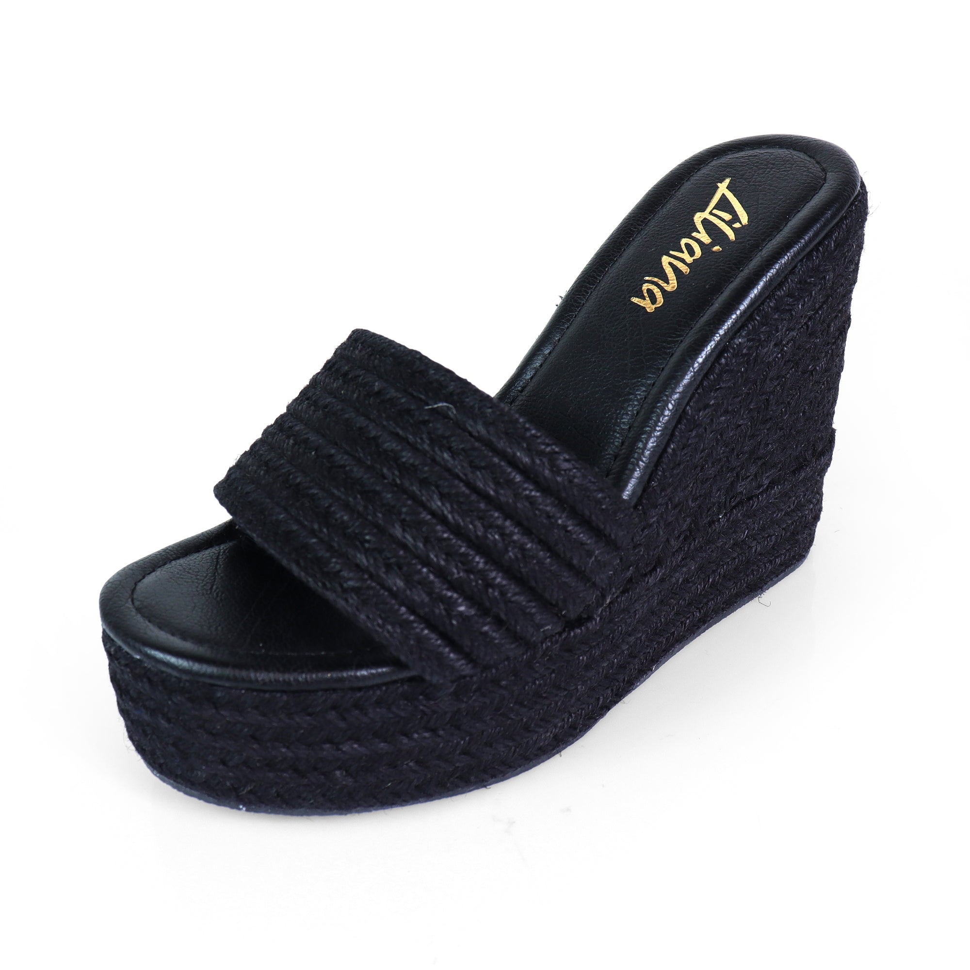 JULIET-1 ESPADRILLE MULE PLATFORM WEDGE SANDALS BLACK