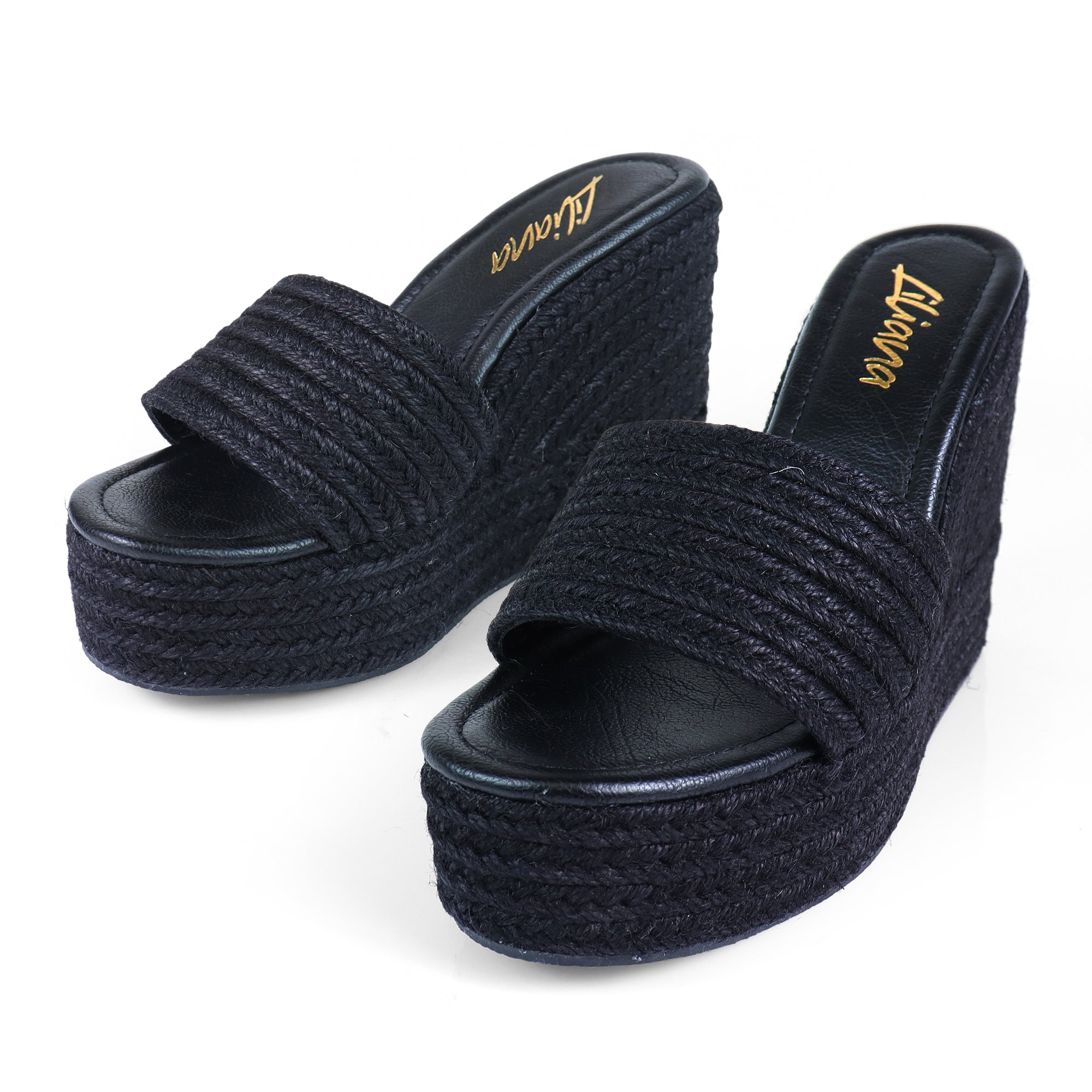 JULIET-1 ESPADRILLE MULE PLATFORM WEDGE SANDALS BLACK