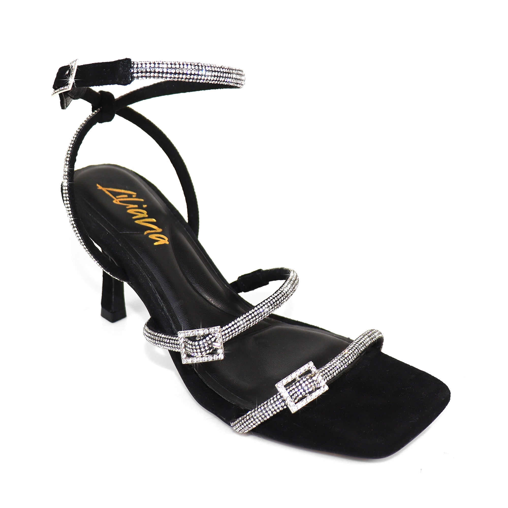 JULIETA-1 RHINESTONE STRAP BUCKLE W/ LOW HEEL BLACK