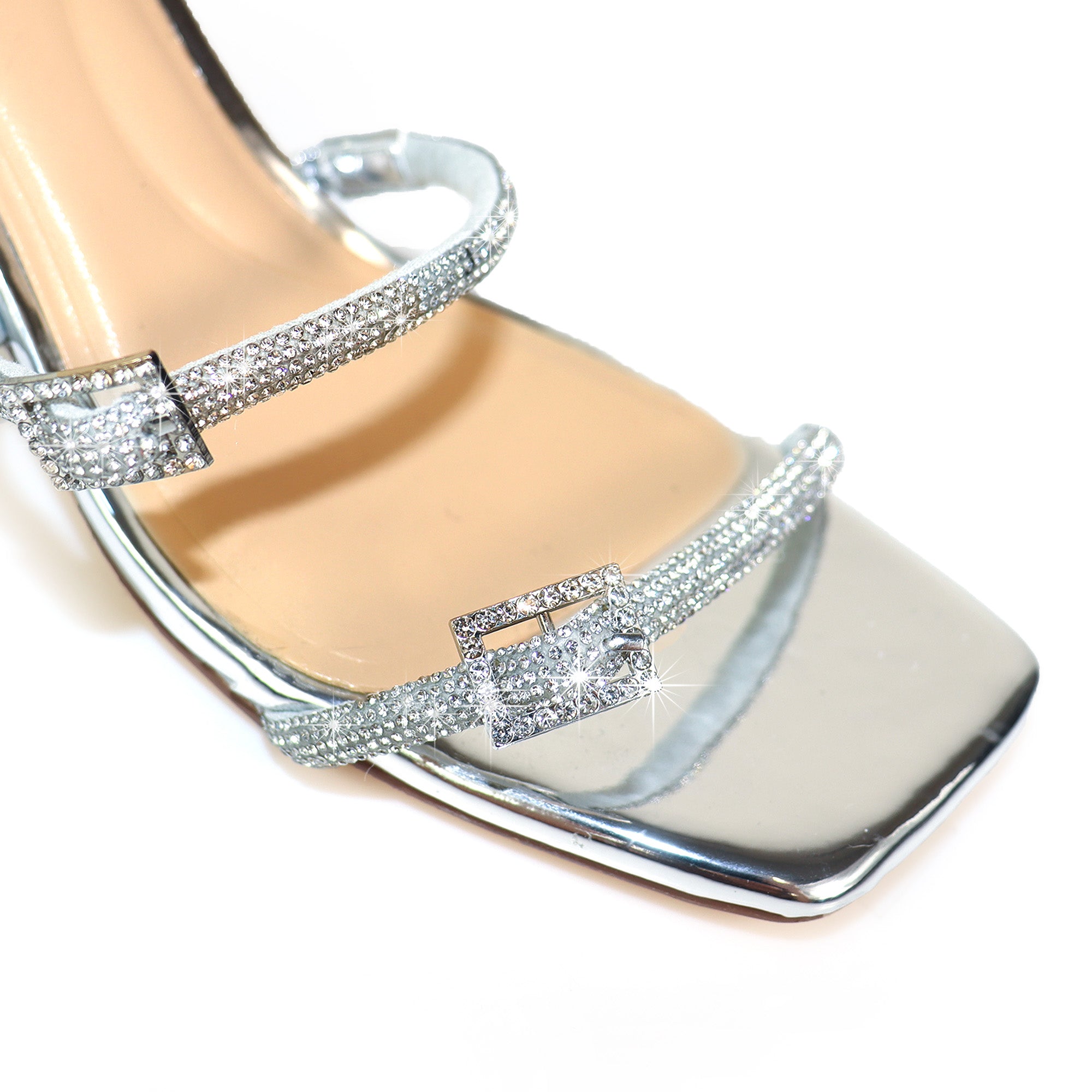 JULIETA-1 RHINESTONE STRAP BUCKLE W/ LOW HEEL SILVER