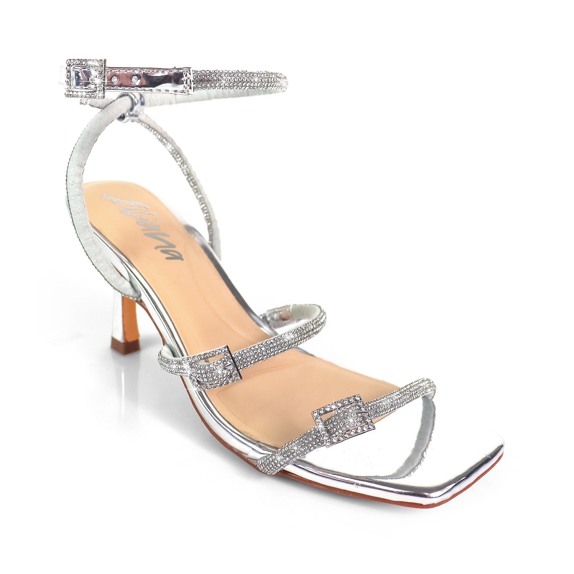 JULIETA-1 RHINESTONE STRAP BUCKLE W/ LOW HEEL SILVER