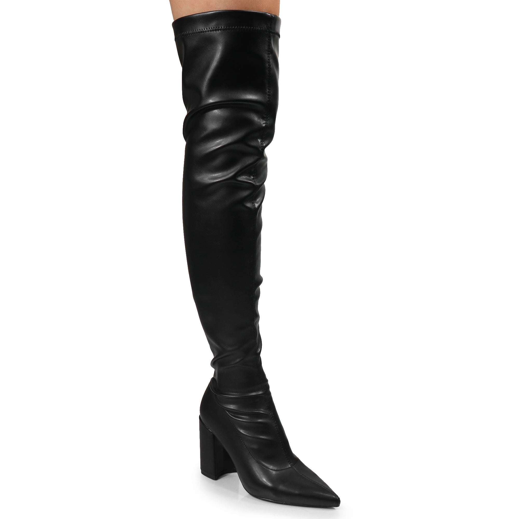 KATANA-2 THIGH HIGH POINTED BOOTS W/CHUNKY HEEL BLACK PU