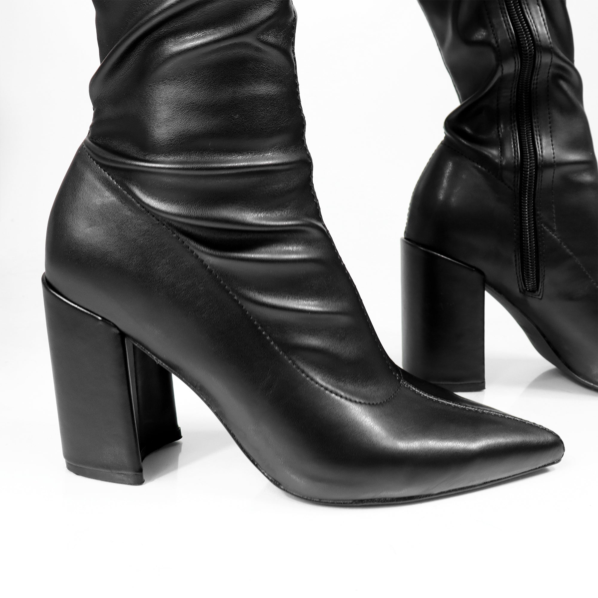 KATANA-2 THIGH HIGH POINTED BOOTS W/CHUNKY HEEL BLACK PU