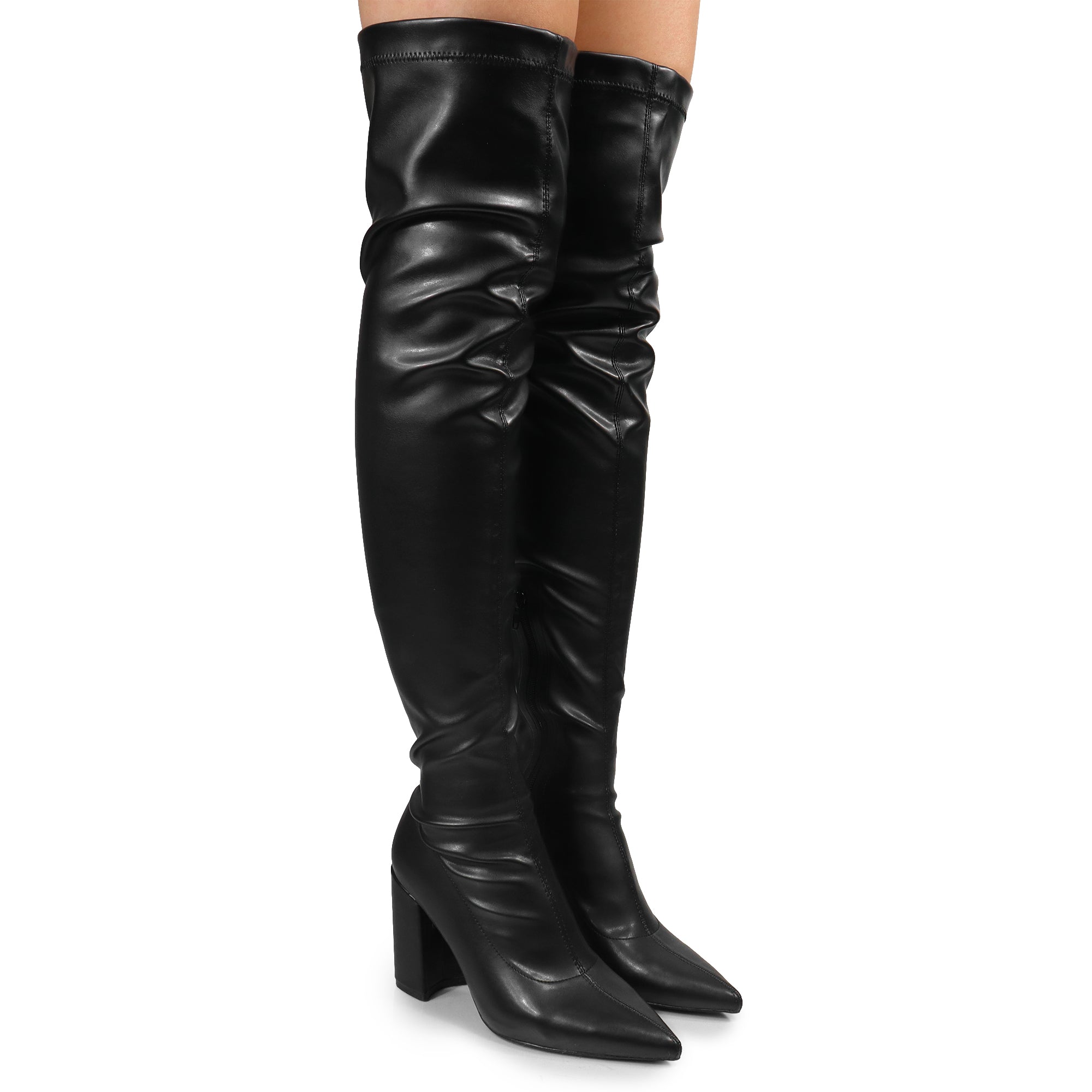 KATANA-2 THIGH HIGH POINTED BOOTS W/CHUNKY HEEL BLACK PU