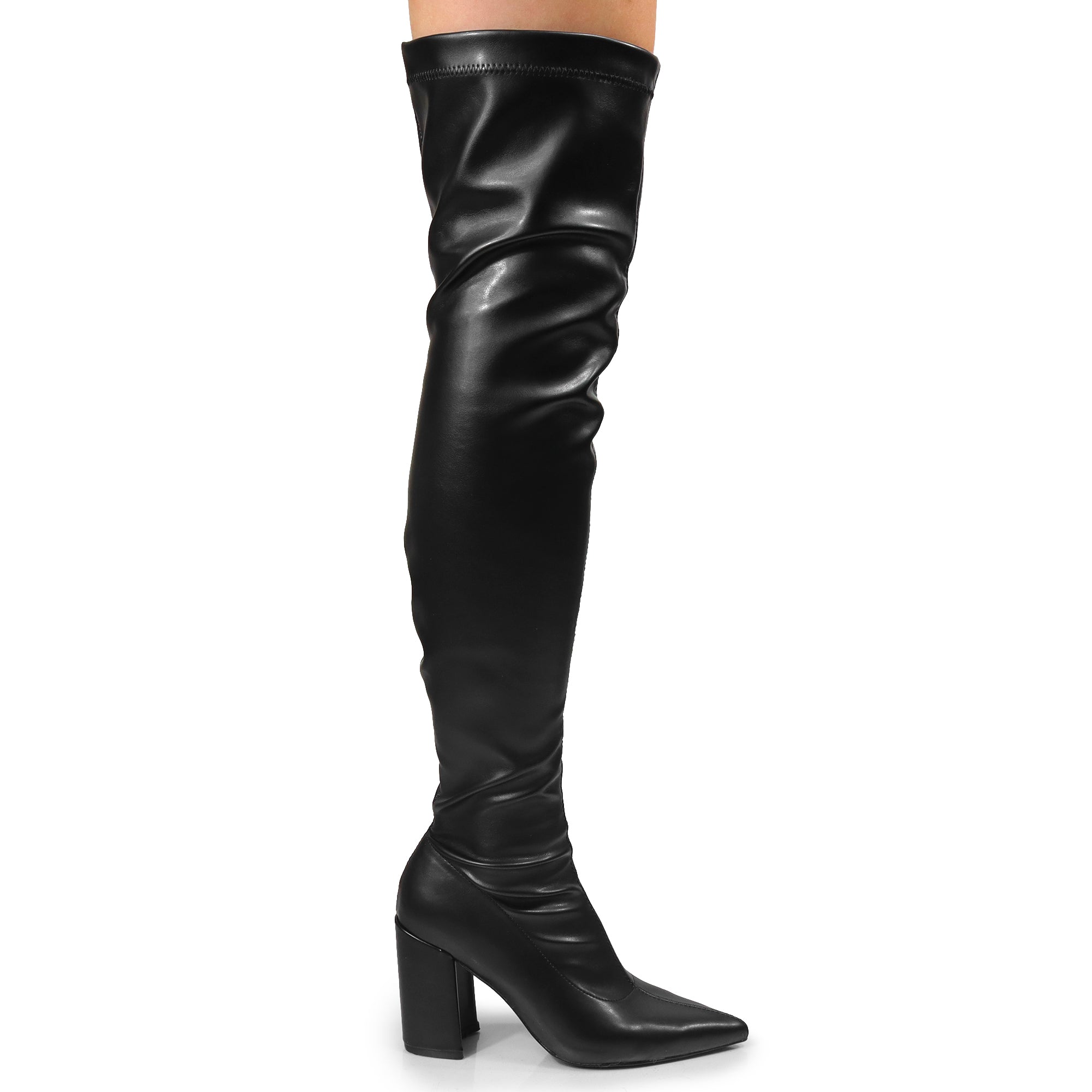 KATANA-2 THIGH HIGH POINTED BOOTS W/CHUNKY HEEL BLACK PU