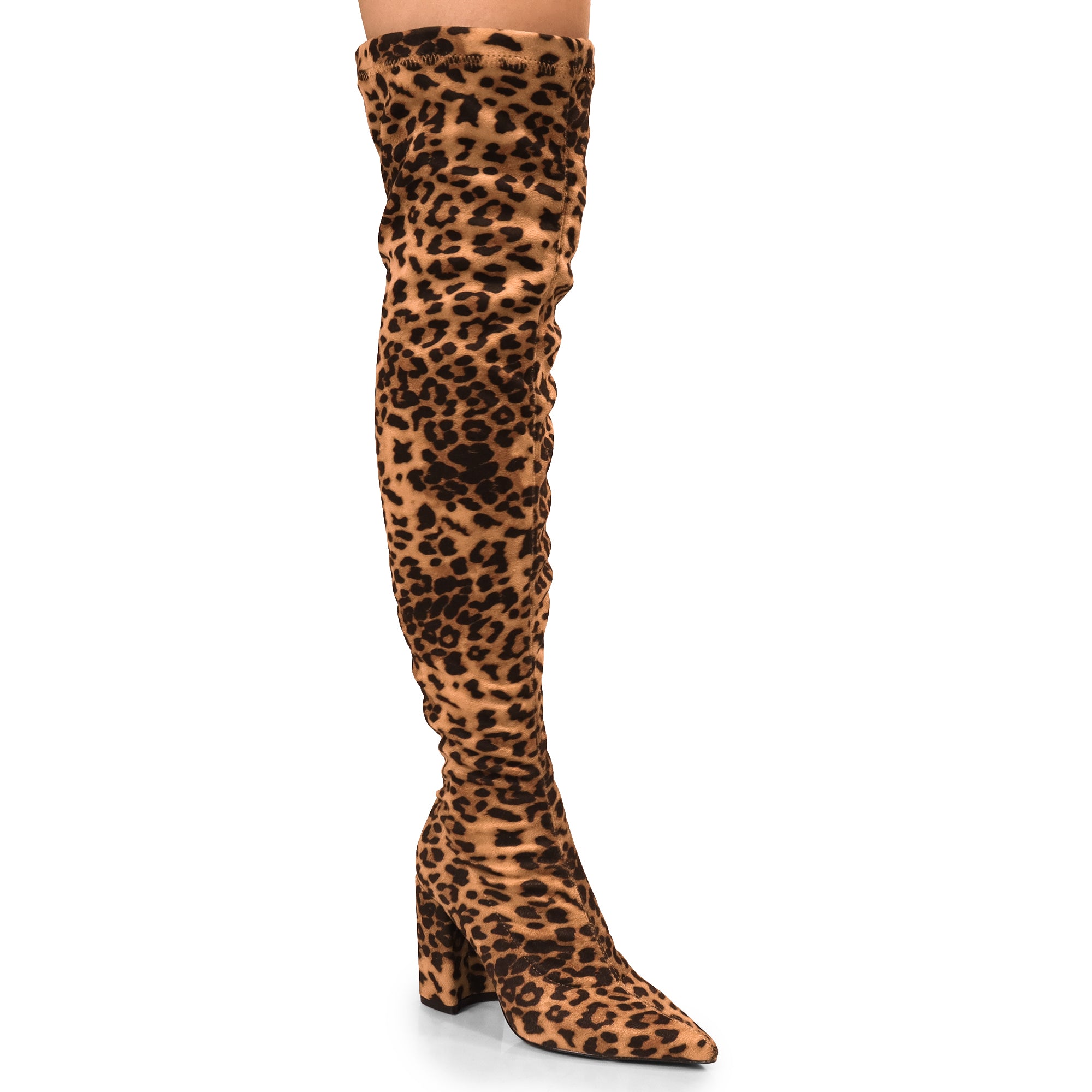 KATANA-2 THIGH HIGH POINTED BOOTS W/CHUNKY HEEL LEOPARD