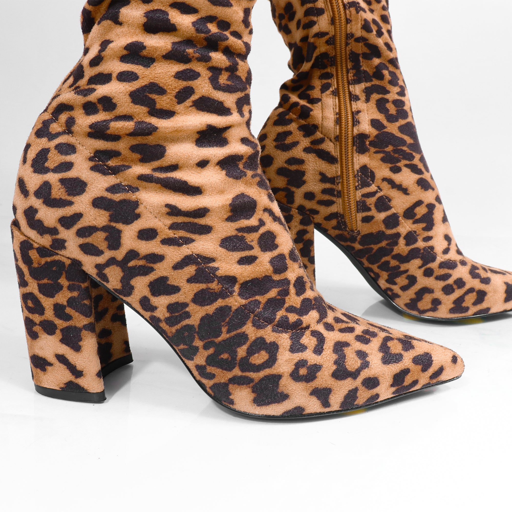 KATANA-2 THIGH HIGH POINTED BOOTS W/CHUNKY HEEL LEOPARD