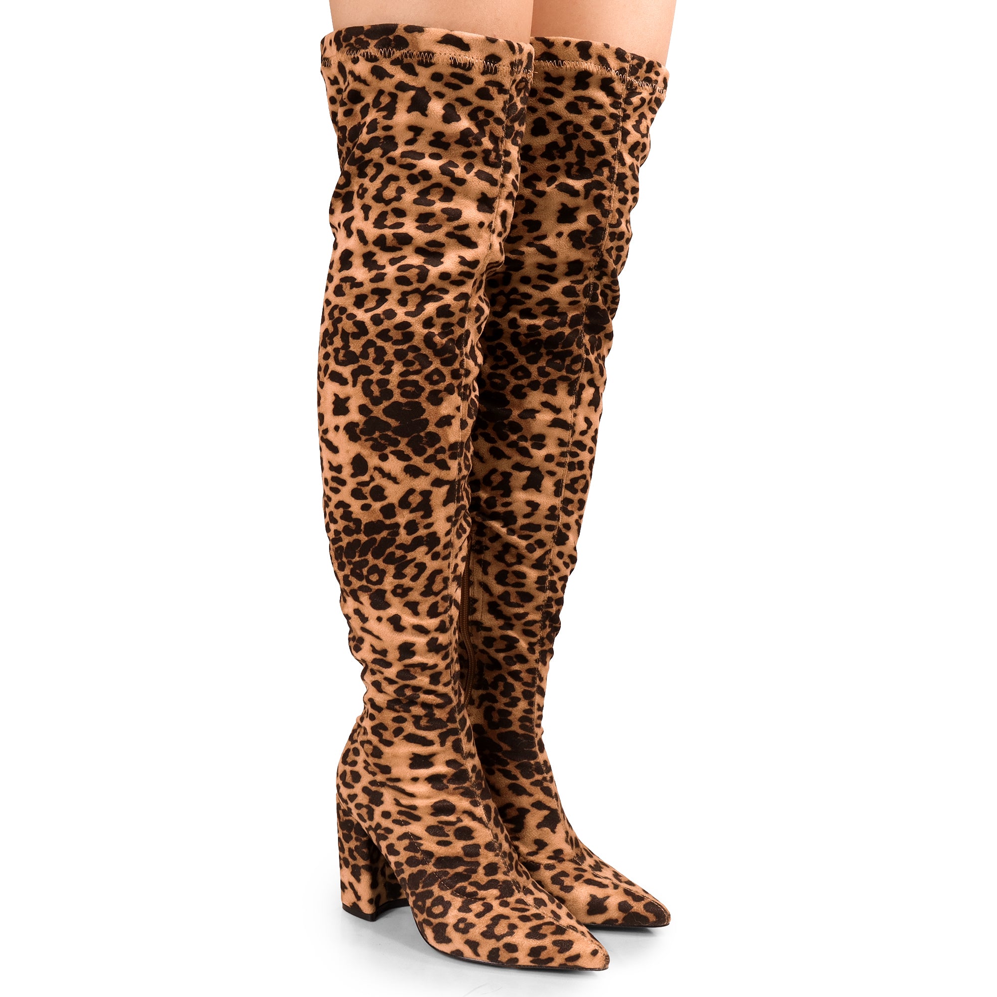 KATANA-2 THIGH HIGH POINTED BOOTS W/CHUNKY HEEL LEOPARD