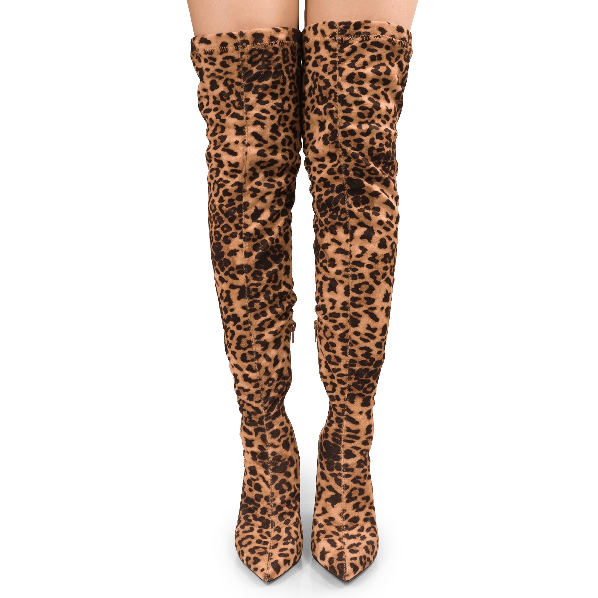 KATANA-2 THIGH HIGH POINTED BOOTS W/CHUNKY HEEL LEOPARD