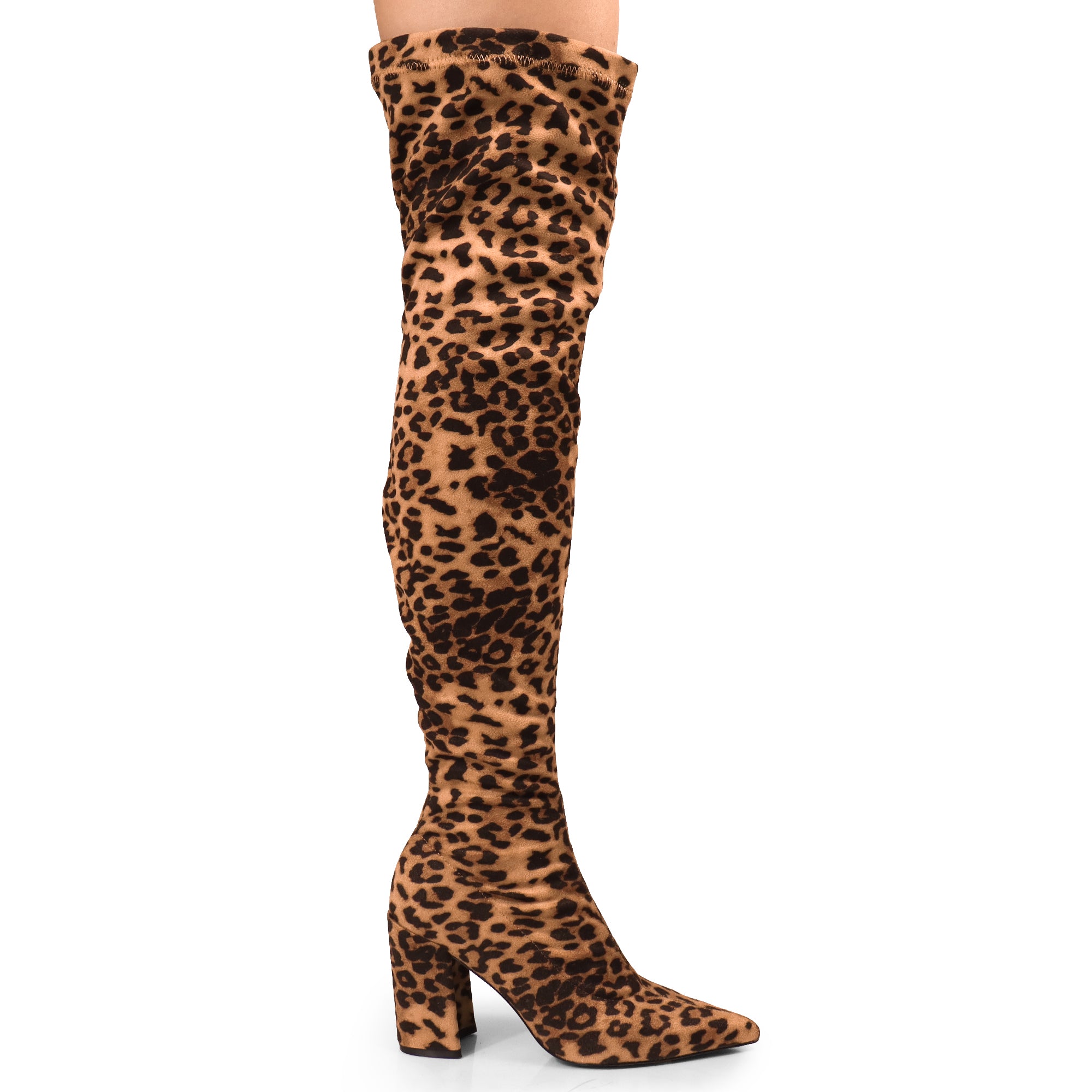 KATANA-2 THIGH HIGH POINTED BOOTS W/CHUNKY HEEL LEOPARD