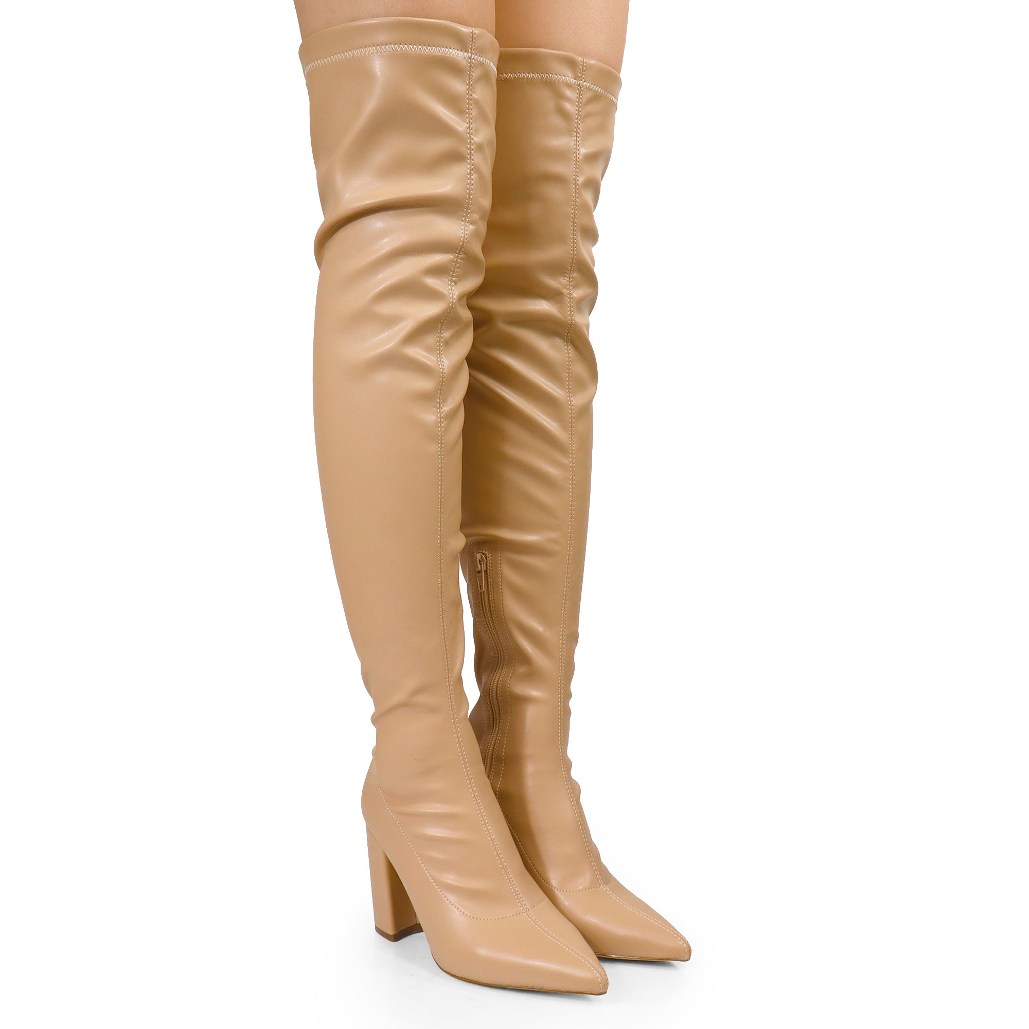 KATANA-2 THIGH HIGH POINTED BOOTS W/CHUNKY HEEL NUDE PU