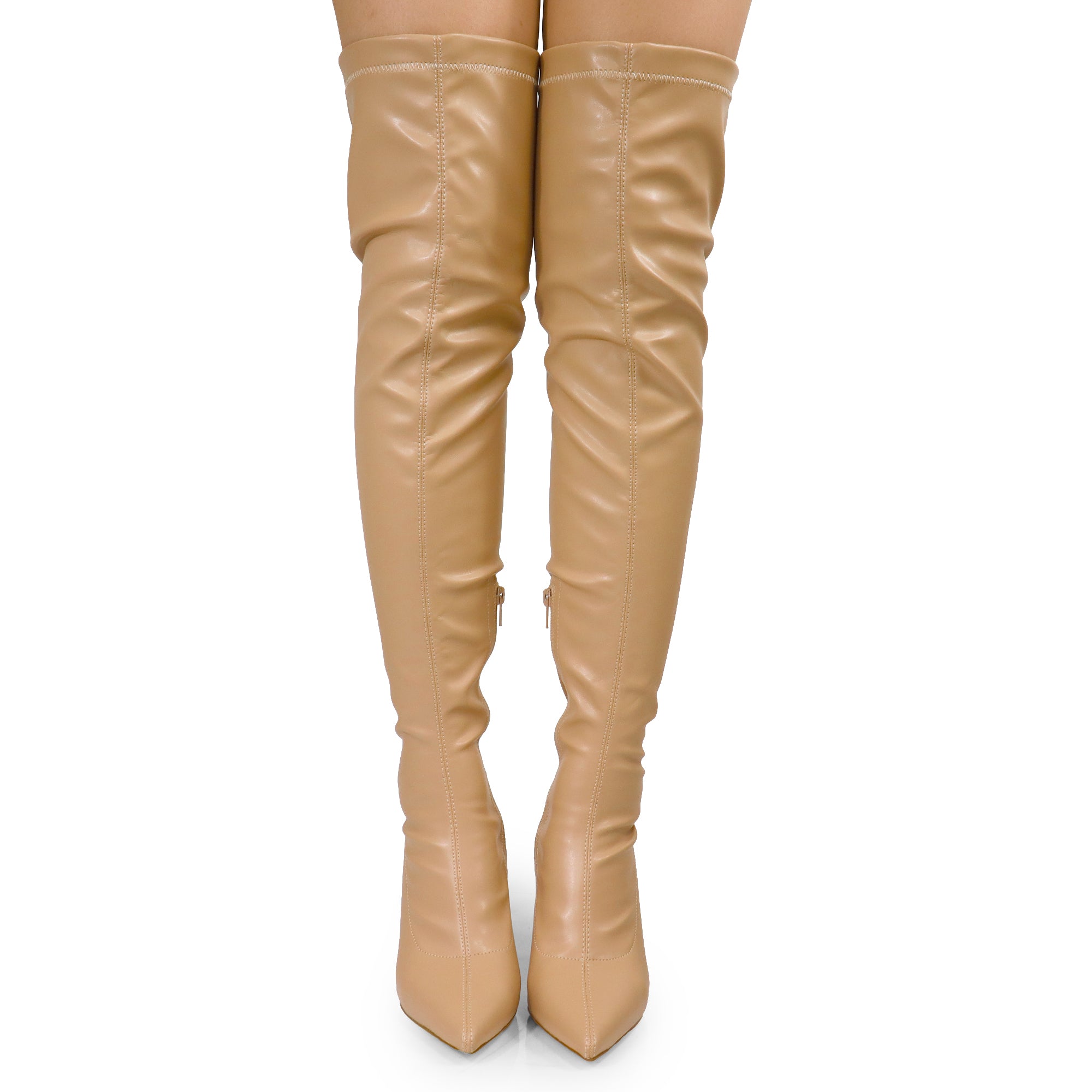 KATANA-2 THIGH HIGH POINTED BOOTS W/CHUNKY HEEL NUDE PU