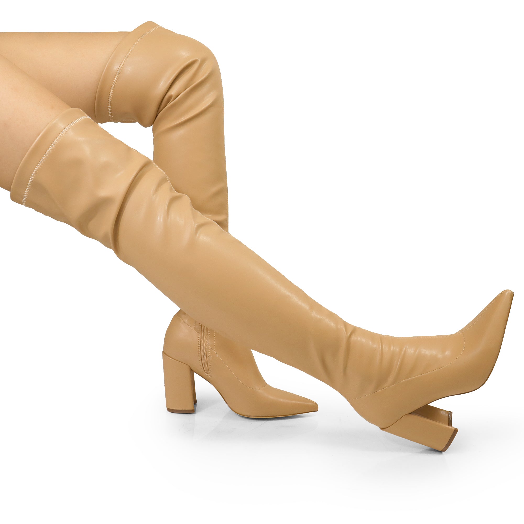 KATANA-2 THIGH HIGH POINTED BOOTS W/CHUNKY HEEL NUDE PU