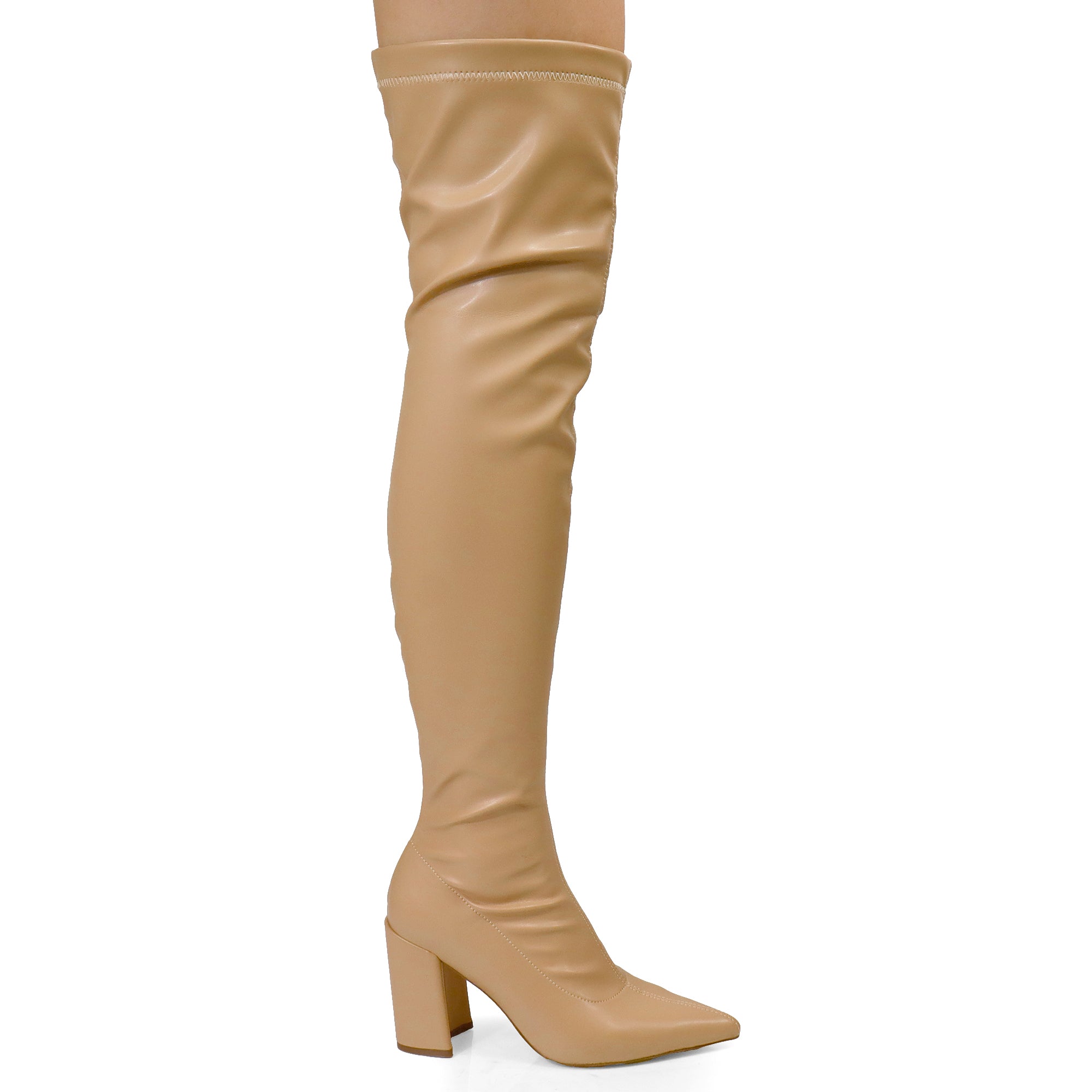 KATANA-2 THIGH HIGH POINTED BOOTS W/CHUNKY HEEL NUDE PU
