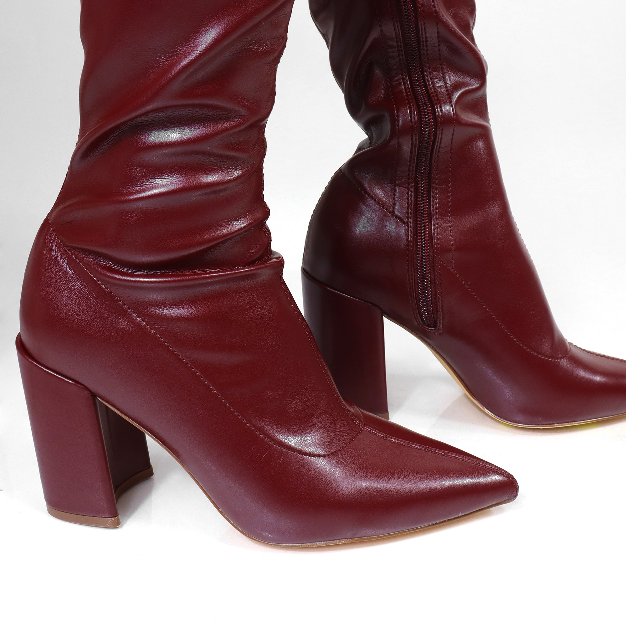 KATANA-2 THIGH HIGH POINTED BOOTS W/CHUNKY HEEL WINE CHERRY PU