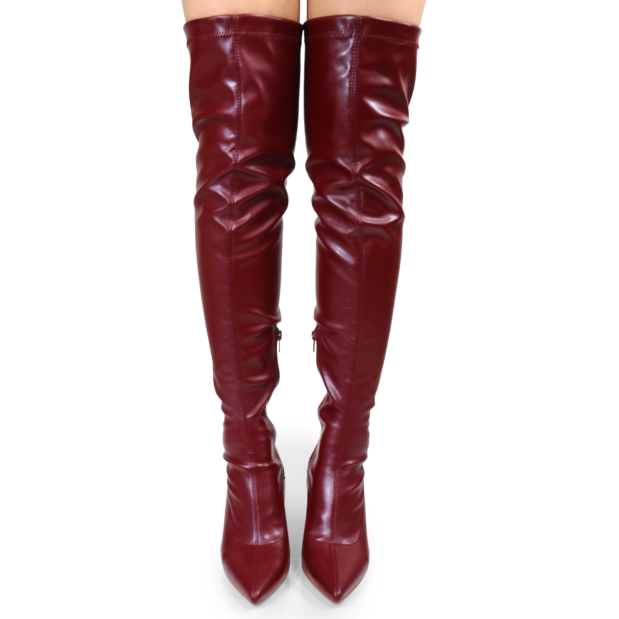 KATANA-2 THIGH HIGH POINTED BOOTS W/CHUNKY HEEL WINE CHERRY PU