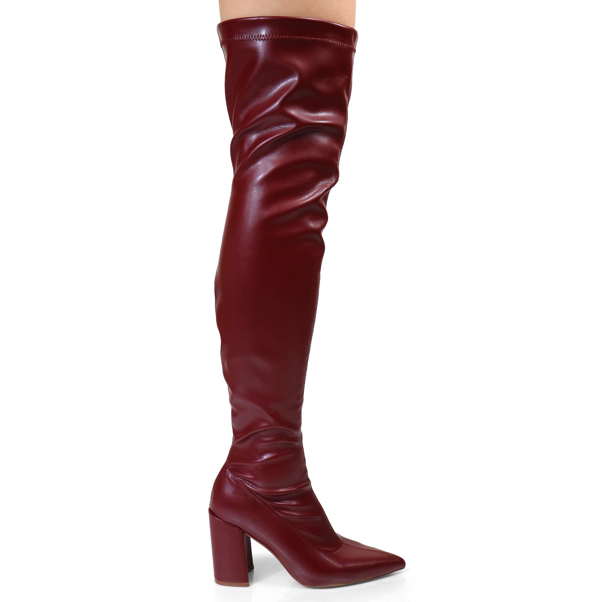 KATANA-2 THIGH HIGH POINTED BOOTS W/CHUNKY HEEL WINE CHERRY PU