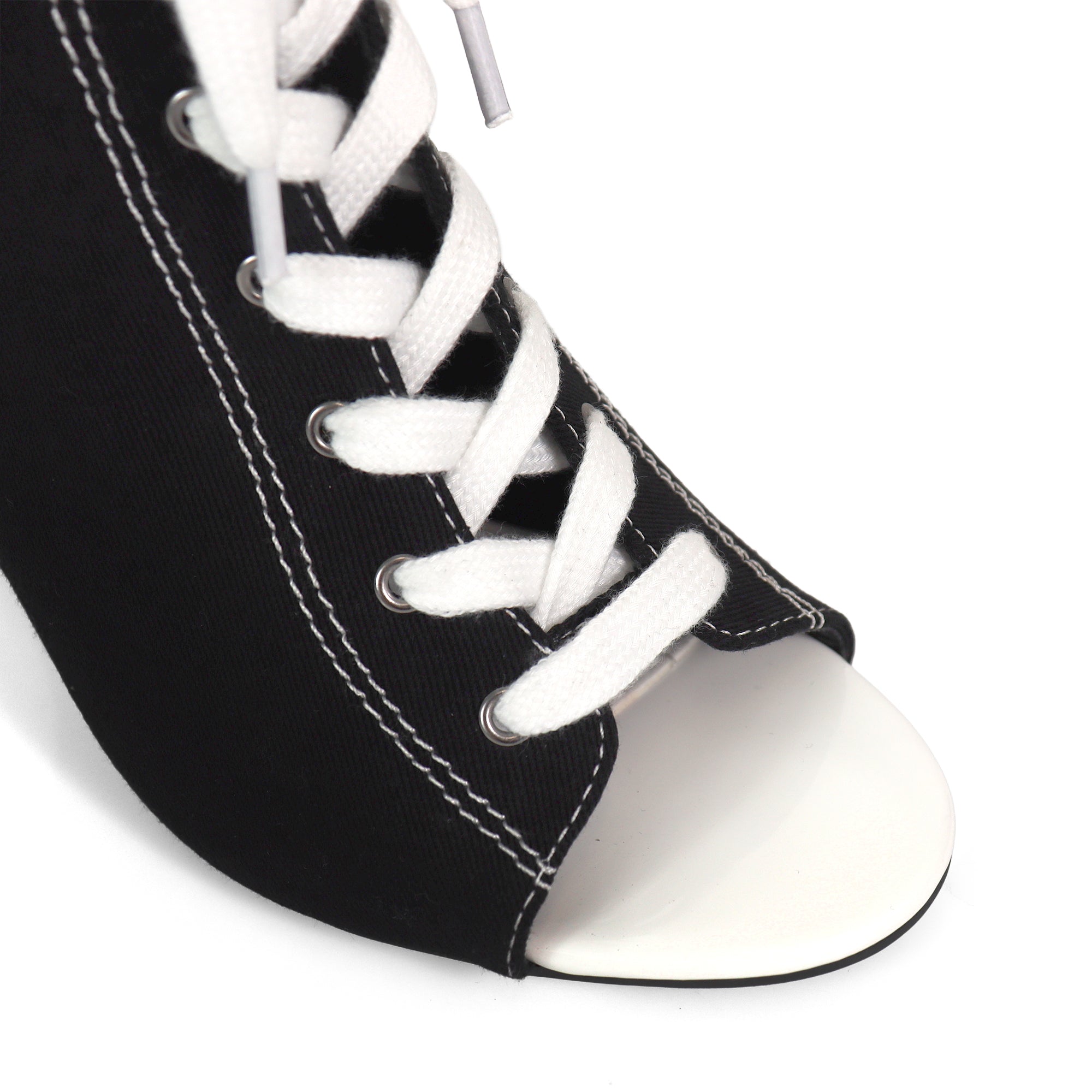 KELSI-1 OPEN TOE CANVAS ANKLE BOOTS W/ STILETTO HEEL BLACK