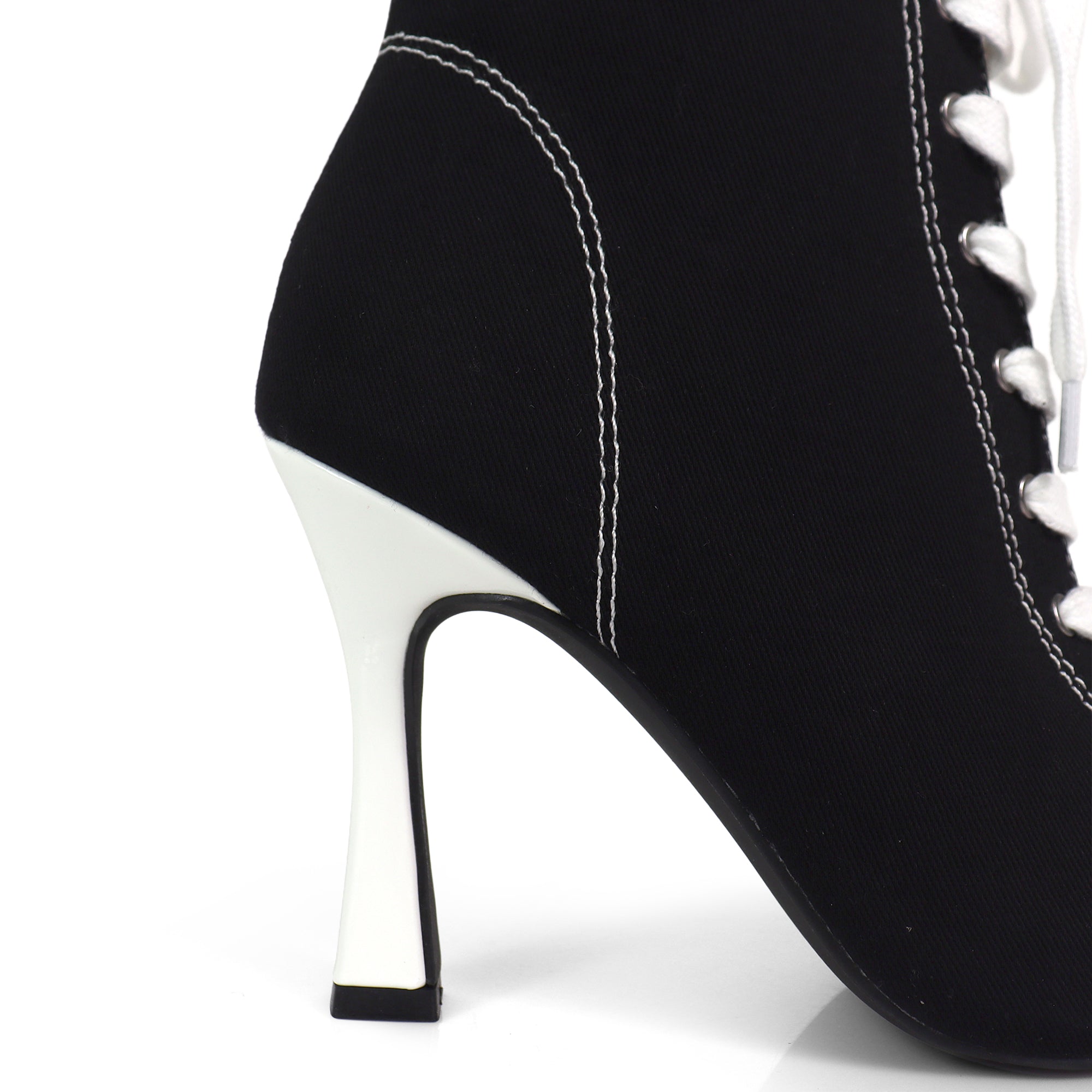 KELSI-1 OPEN TOE CANVAS ANKLE BOOTS W/ STILETTO HEEL BLACK