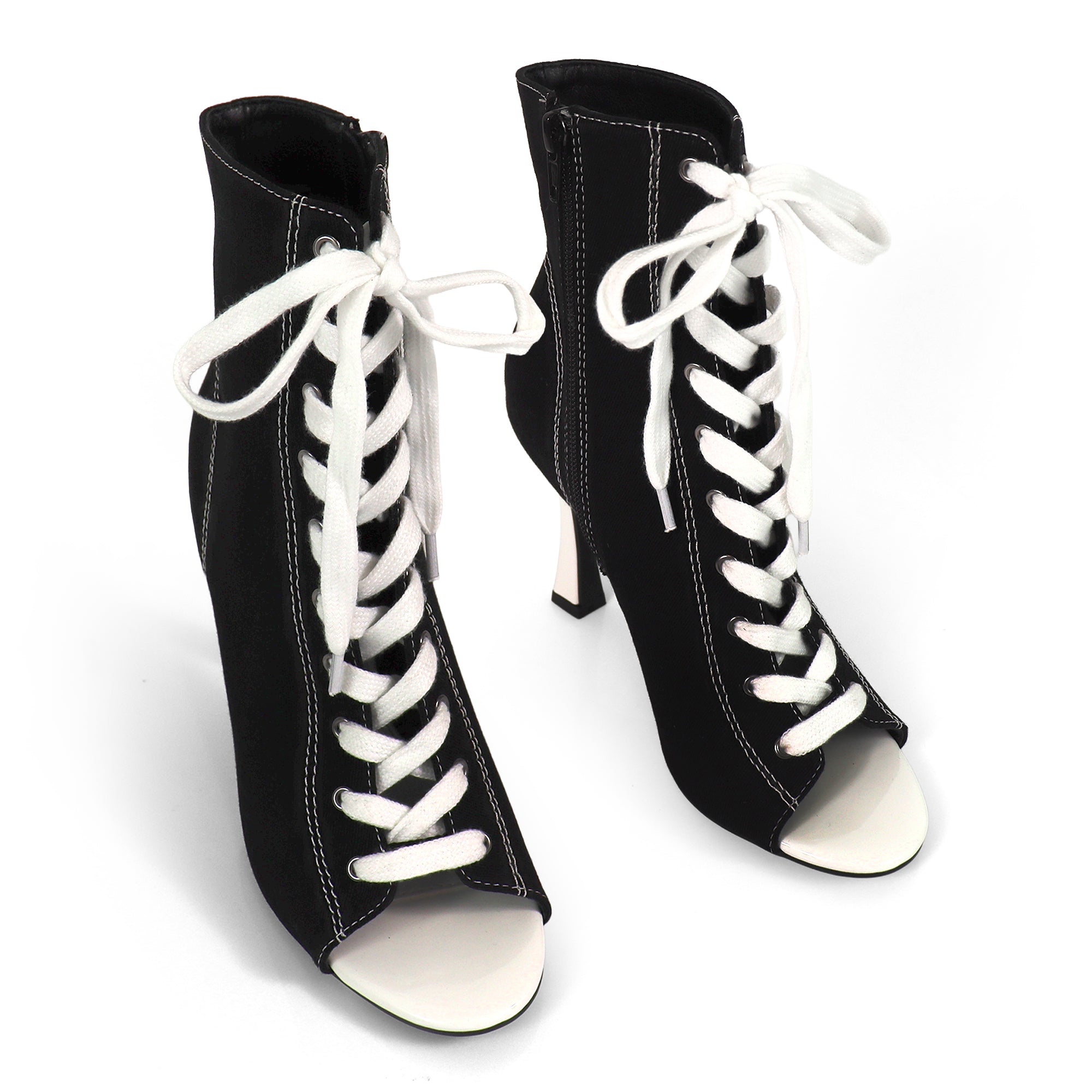 KELSI-1 OPEN TOE CANVAS ANKLE BOOTS W/ STILETTO HEEL BLACK