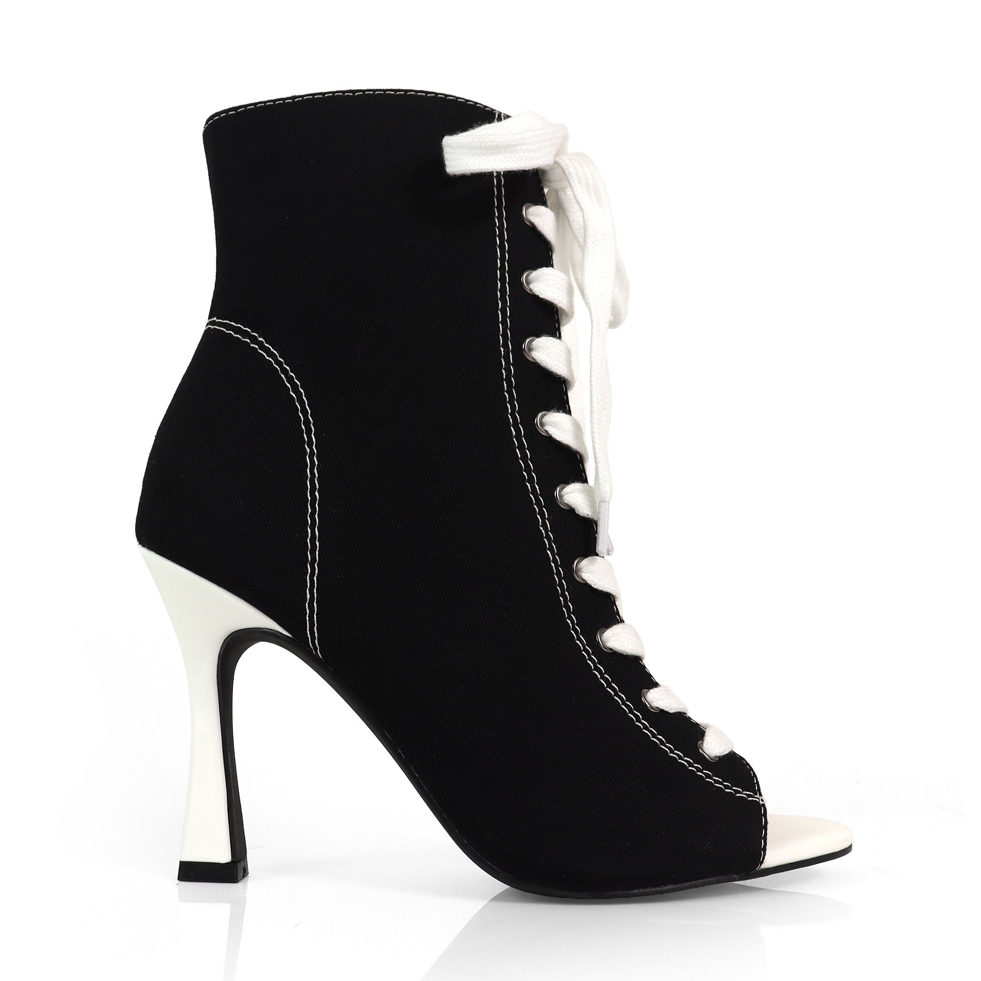 KELSI-1 OPEN TOE CANVAS ANKLE BOOTS W/ STILETTO HEEL BLACK