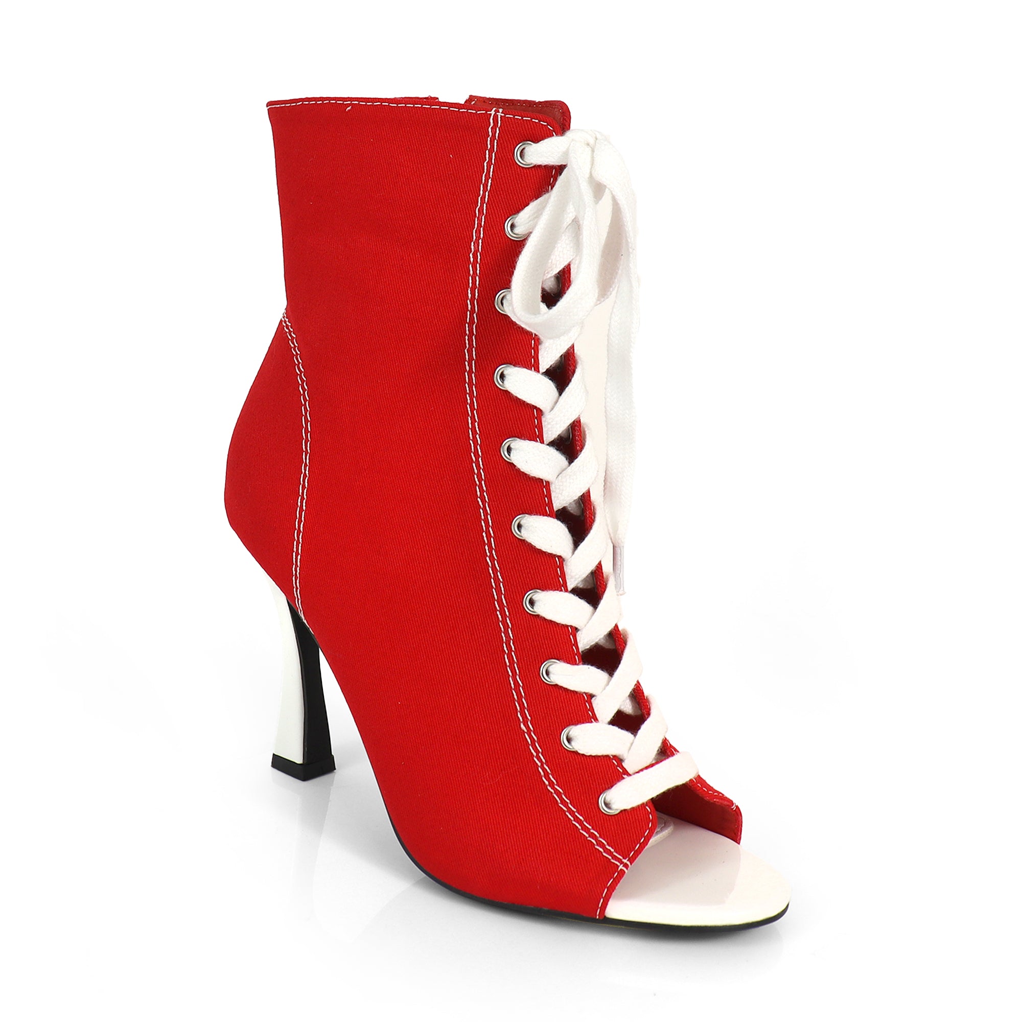 KELSI-1 OPEN TOE CANVAS ANKLE BOOTS W/ STILETTO HEEL RED