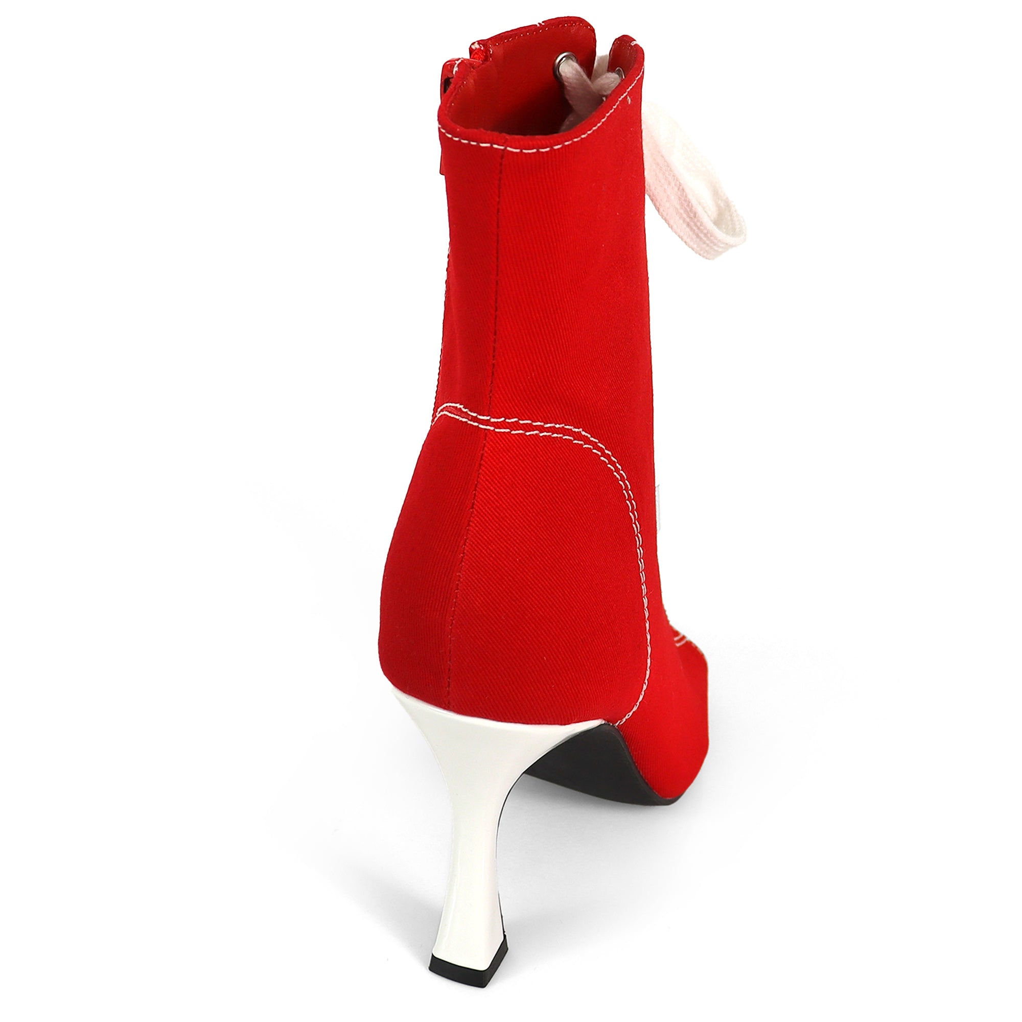 KELSI-1 OPEN TOE CANVAS ANKLE BOOTS W/ STILETTO HEEL RED