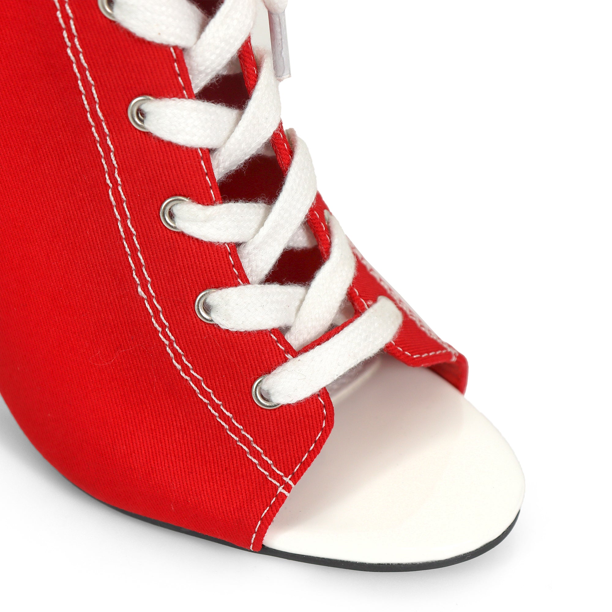 KELSI-1 OPEN TOE CANVAS ANKLE BOOTS W/ STILETTO HEEL RED
