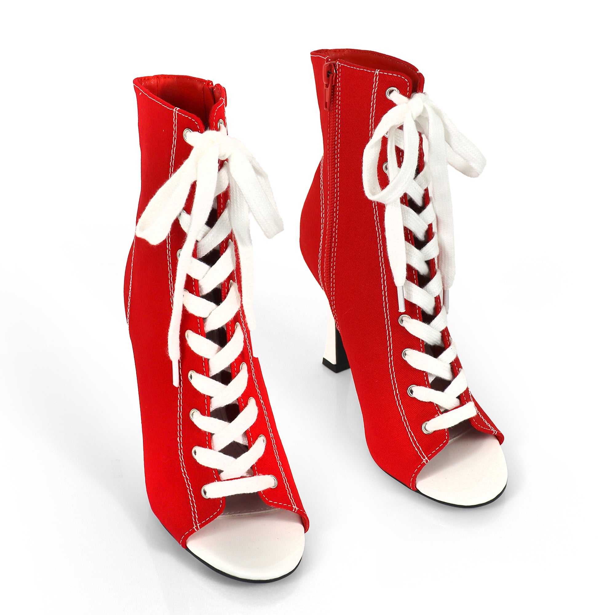 KELSI-1 OPEN TOE CANVAS ANKLE BOOTS W/ STILETTO HEEL RED