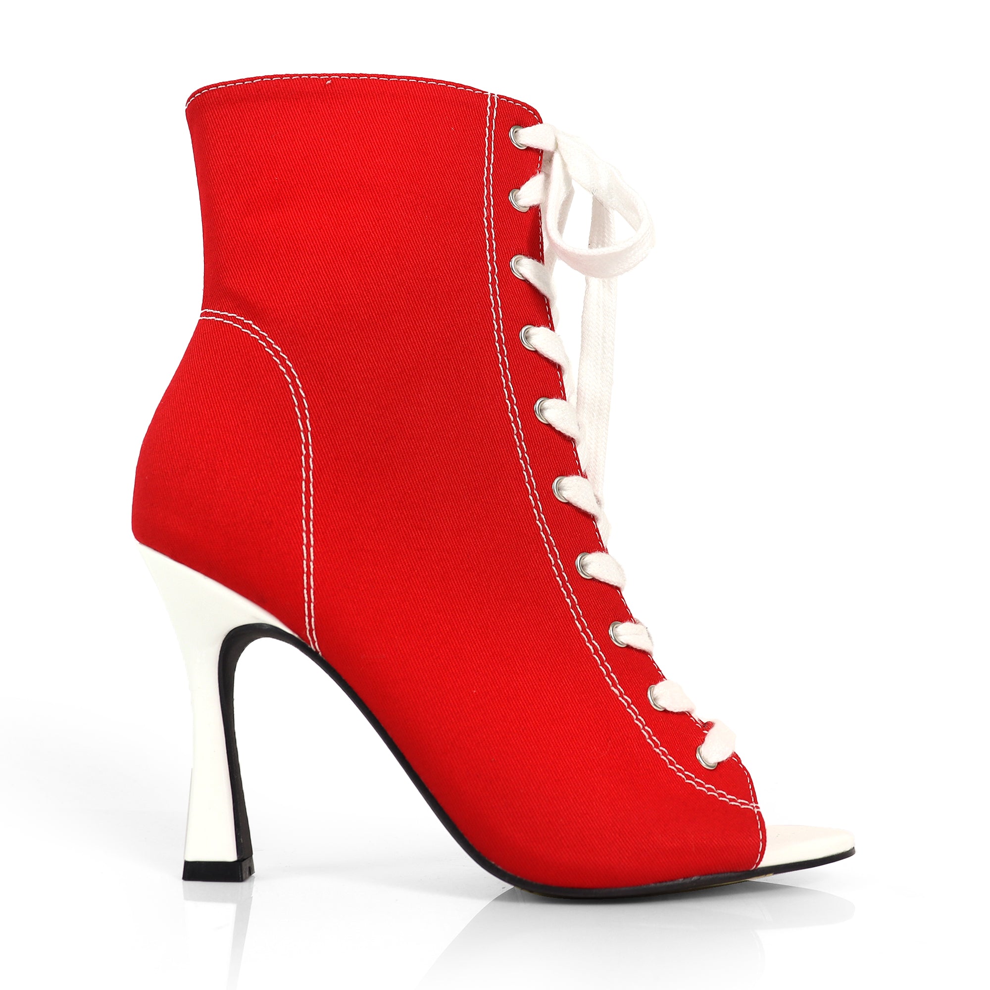 KELSI-1 OPEN TOE CANVAS ANKLE BOOTS W/ STILETTO HEEL RED