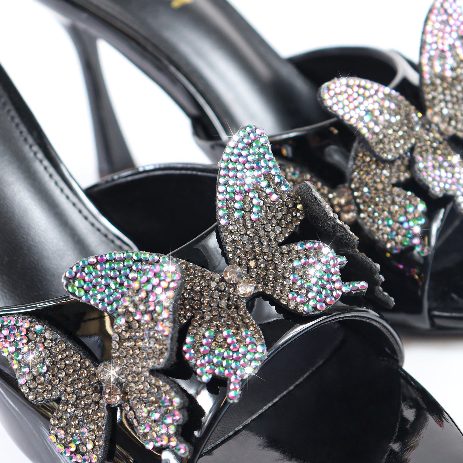 KIMANI-1 POINTED TOE 3D BUTTERFLY PATENT HEELED BLACK
