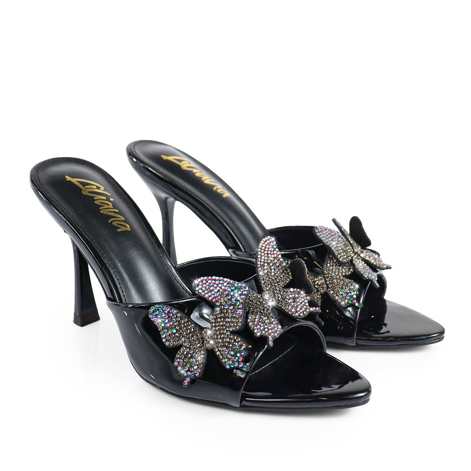 KIMANI-1 POINTED TOE 3D BUTTERFLY PATENT HEELED BLACK