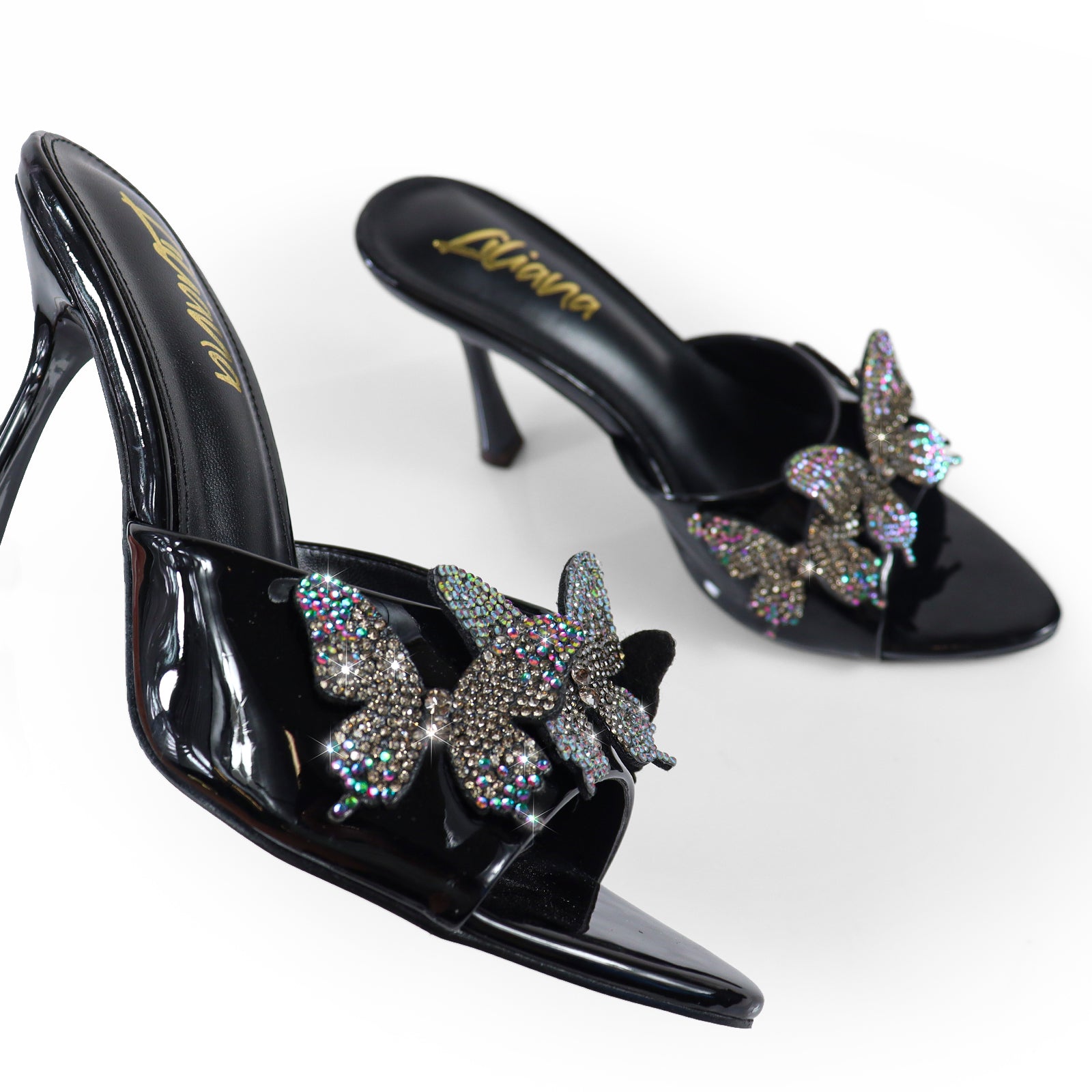 KIMANI-1 POINTED TOE 3D BUTTERFLY PATENT HEELED BLACK