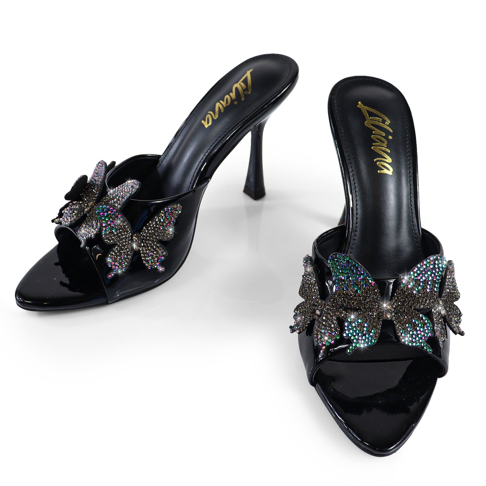 KIMANI-1 POINTED TOE 3D BUTTERFLY PATENT HEELED BLACK