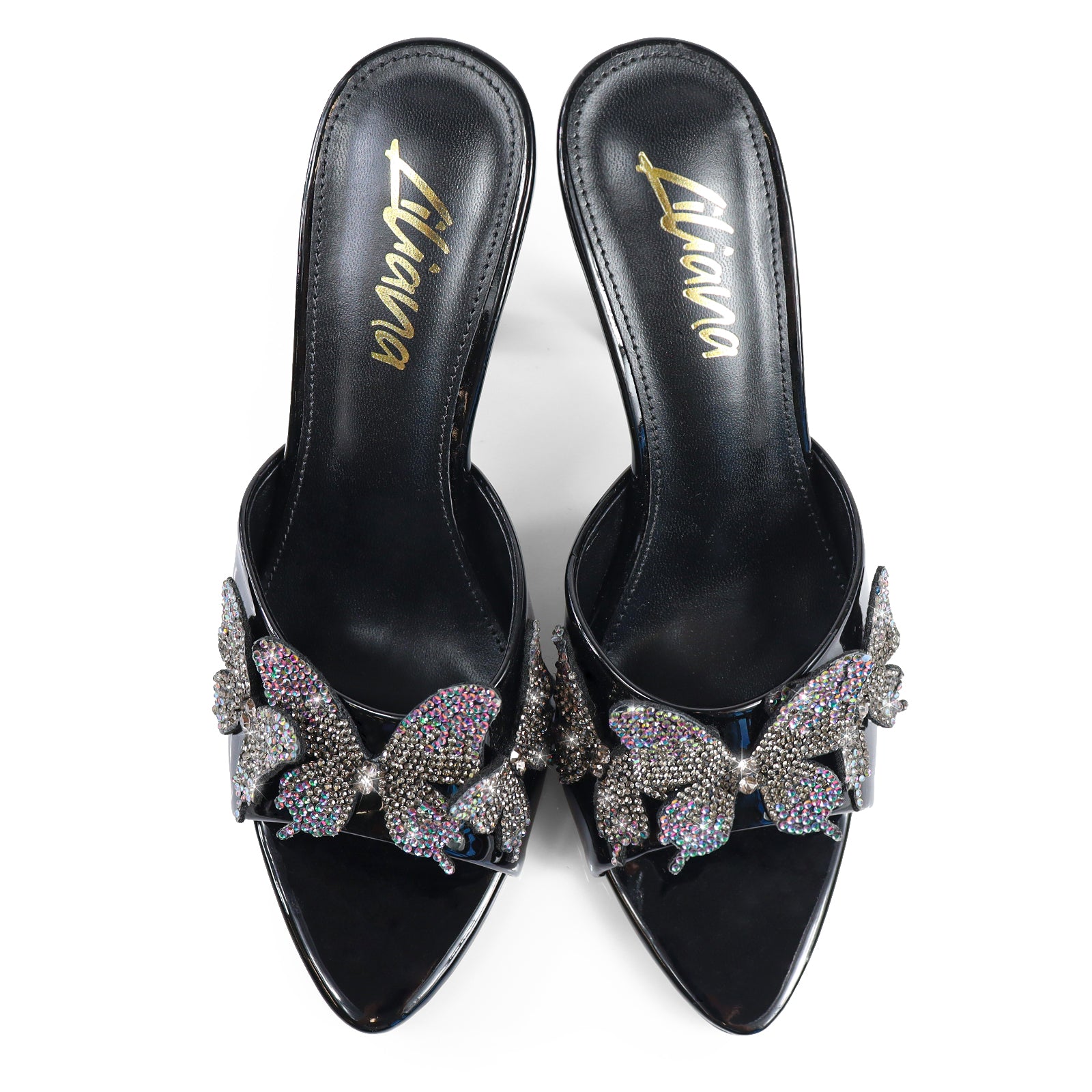 KIMANI-1 POINTED TOE 3D BUTTERFLY PATENT HEELED BLACK